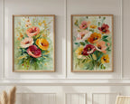 Watercolor poppy bouquet wall art set – soft pink and coral wildflower arrangement on white