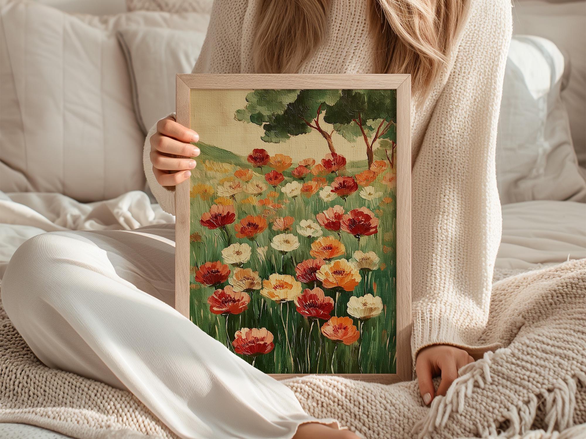 Poppy meadow oil painting wall art – vibrant red and orange wildflowers in a lush green landscape