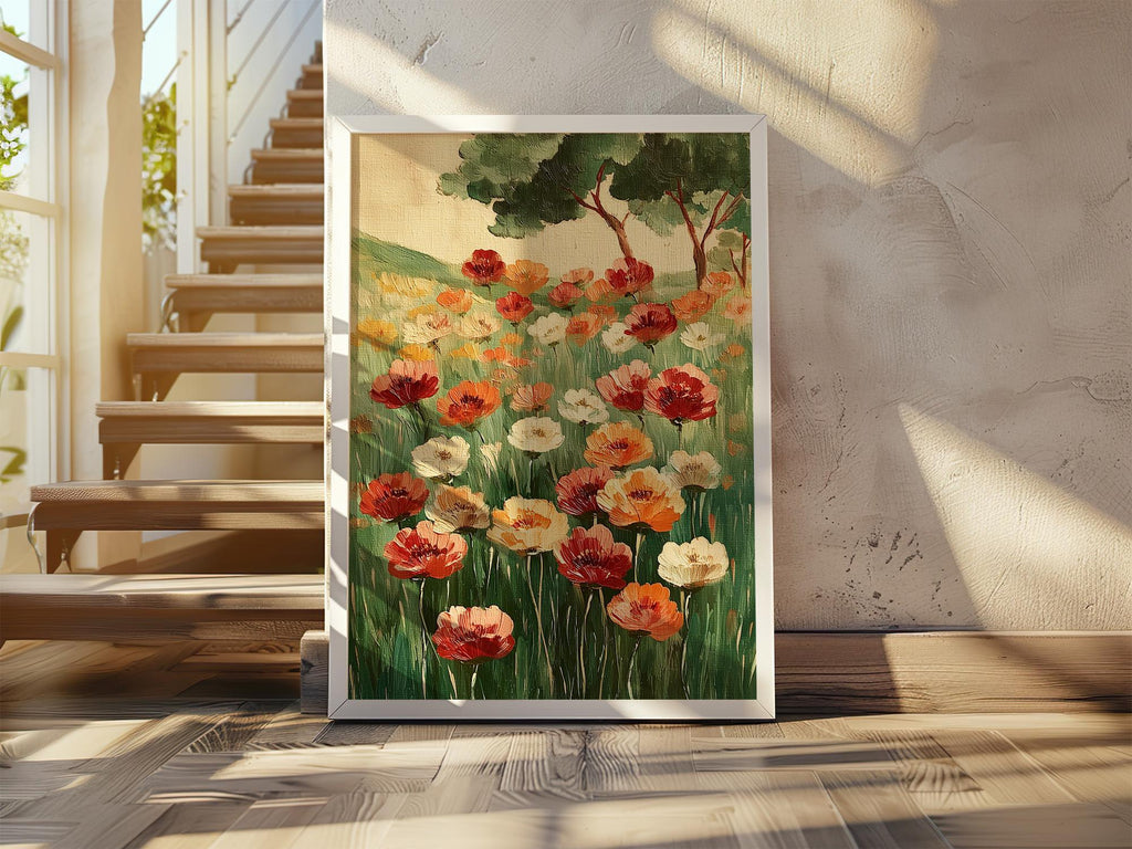 Poppy meadow oil painting wall art – vibrant red and orange wildflowers in a lush green landscape