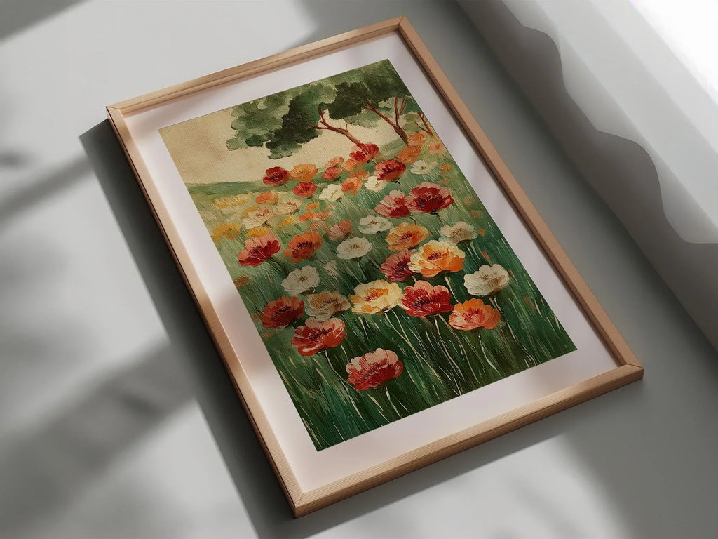 Poppy meadow oil painting wall art – vibrant red and orange wildflowers in a lush green landscape