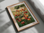 Poppy meadow oil painting wall art – vibrant red and orange wildflowers in a lush green landscape