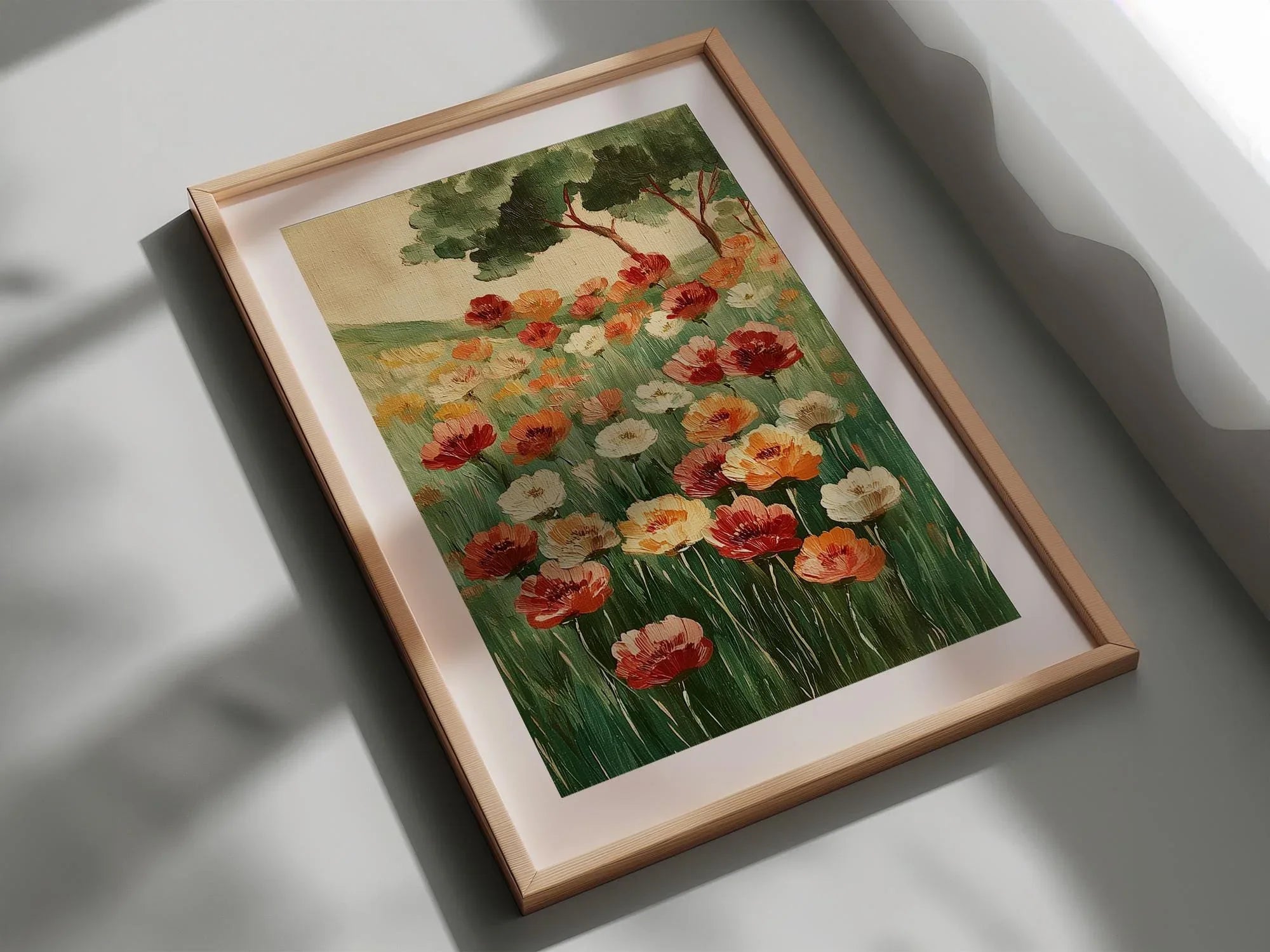 Poppy meadow oil painting wall art – vibrant red and orange wildflowers in a lush green landscape