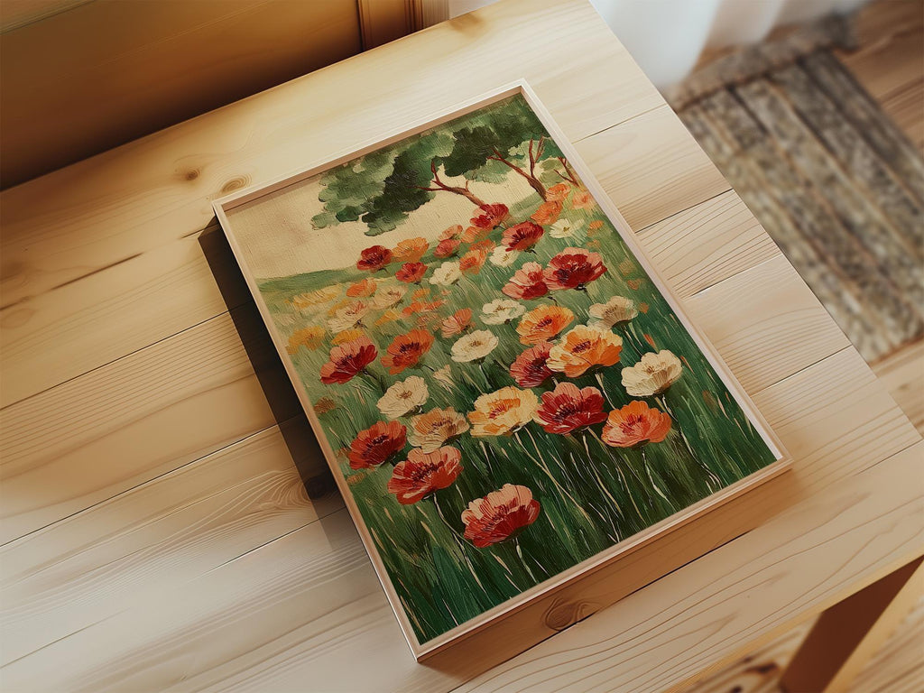 Poppy meadow oil painting wall art – vibrant red and orange wildflowers in a lush green landscape