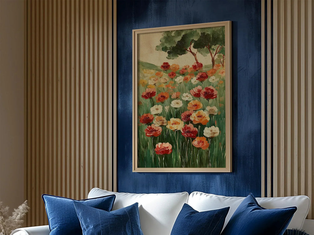 Poppy meadow oil painting wall art – vibrant red and orange wildflowers in a lush green landscape