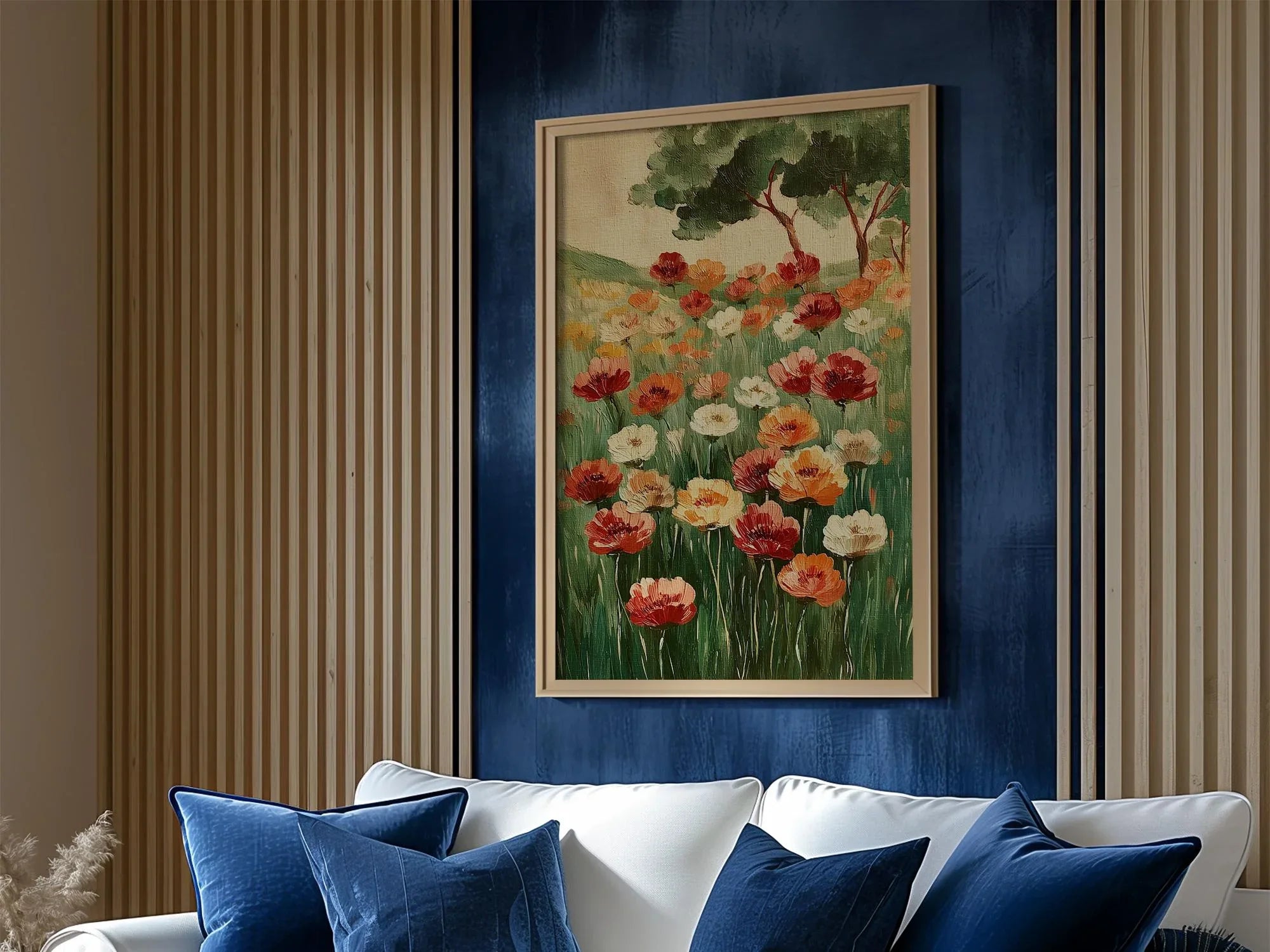 Poppy meadow oil painting wall art – vibrant red and orange wildflowers in a lush green landscape