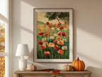Poppy meadow oil painting wall art – vibrant red and orange wildflowers in a lush green landscape