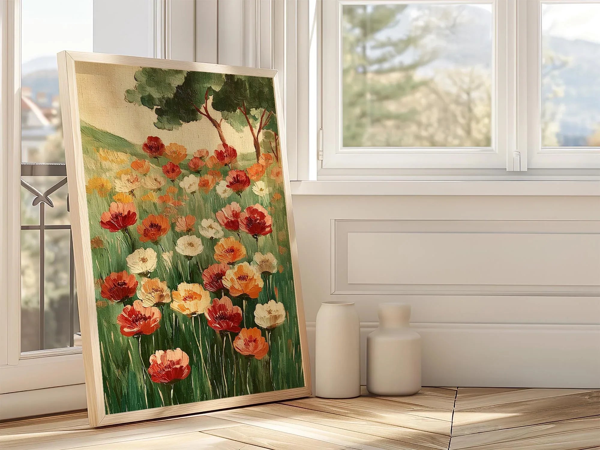 Poppy meadow oil painting wall art – vibrant red and orange wildflowers in a lush green landscape