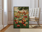 Poppy meadow oil painting wall art – vibrant red and orange wildflowers in a lush green landscape