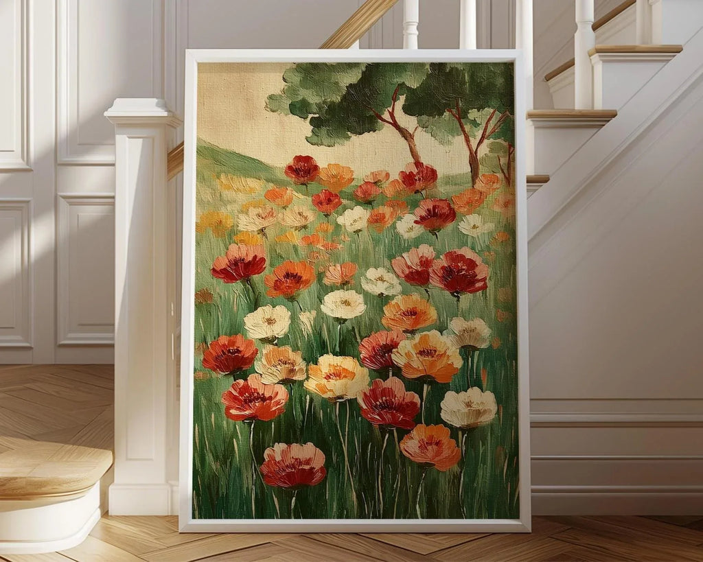Poppy meadow oil painting wall art – vibrant red and orange wildflowers in a lush green landscape
