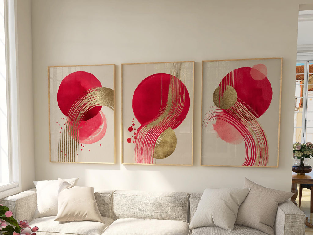 Red and gold abstract triptych wall art set of 3 – bold metallic energy on dark background