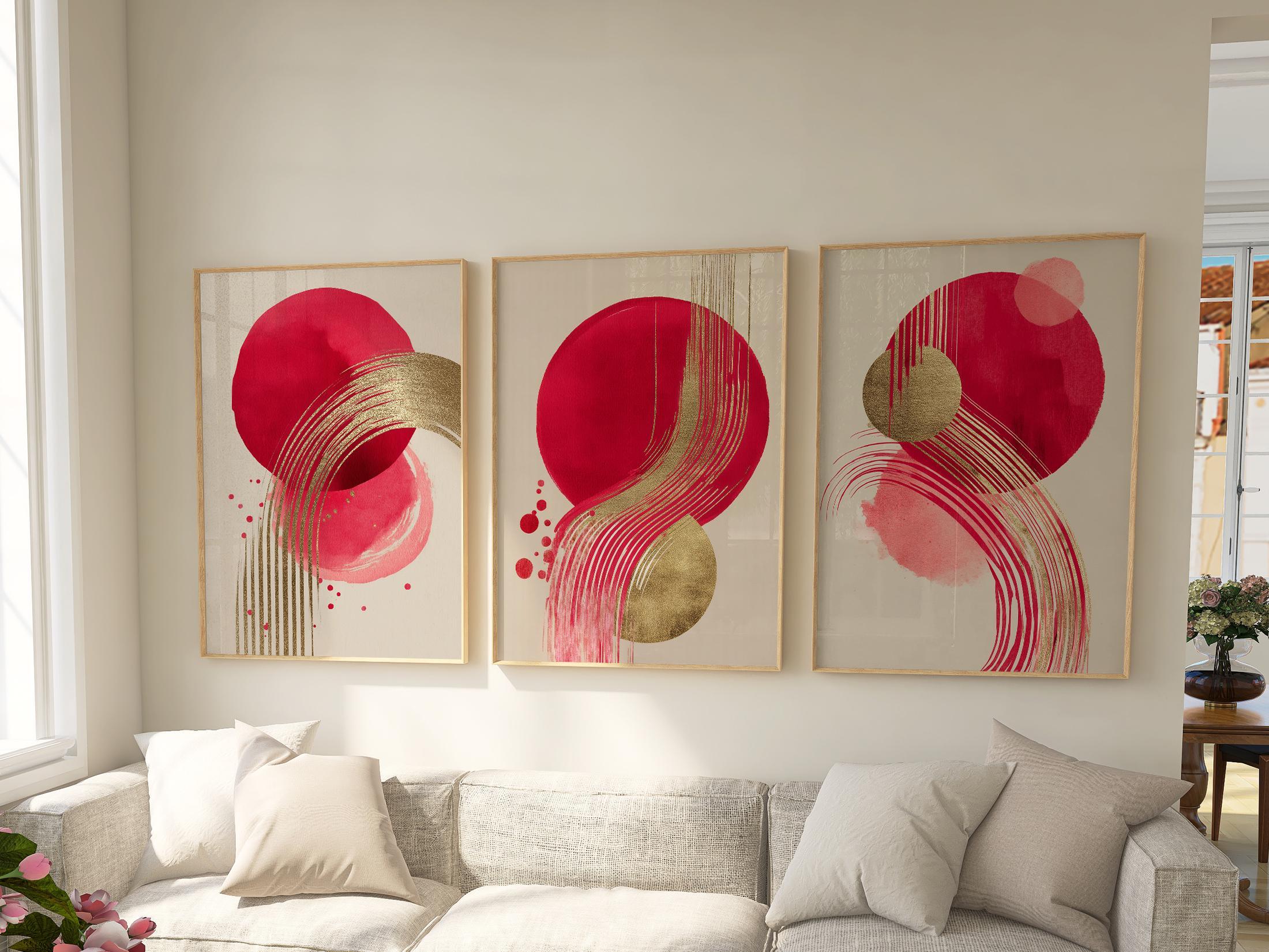Red and gold abstract triptych wall art set of 3 – bold metallic energy on dark background