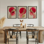 Red and gold abstract triptych wall art set of 3 – bold metallic energy on dark background