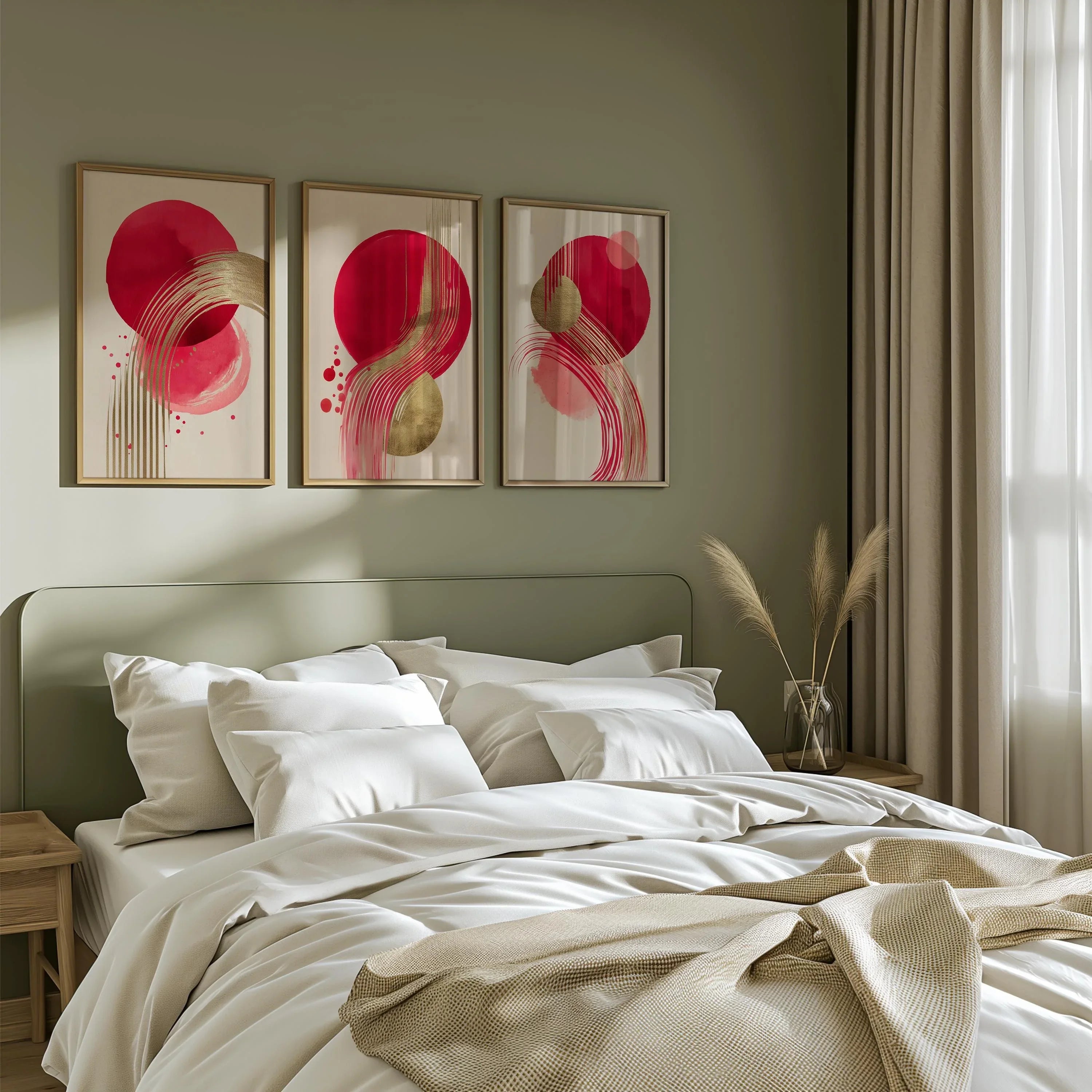 Red and gold abstract triptych wall art set of 3 – bold metallic energy on dark background