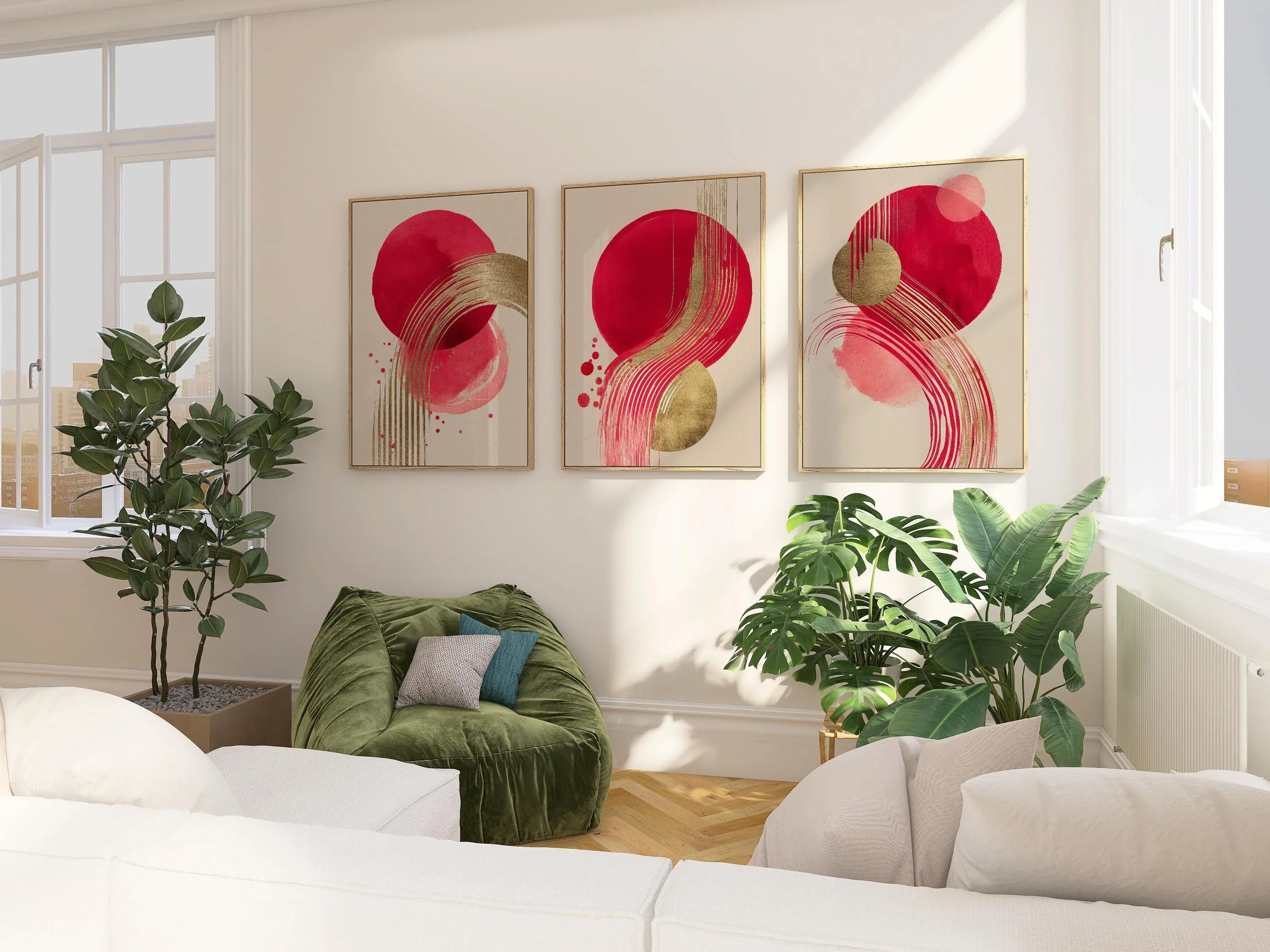 Red and gold abstract triptych wall art set of 3 – bold metallic energy on dark background
