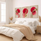 Red and gold abstract triptych wall art set of 3 – bold metallic energy on dark background