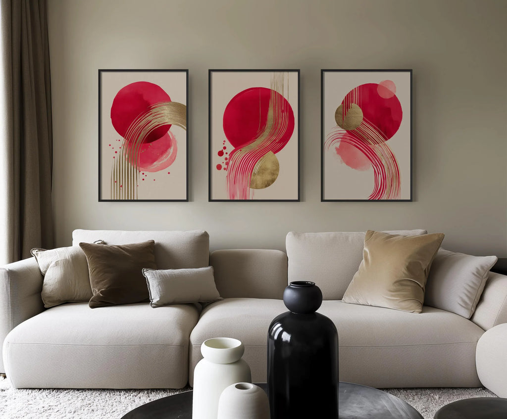 Red and gold abstract triptych wall art set of 3 – bold metallic energy on dark background