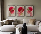 Red and gold abstract triptych wall art set of 3 – bold metallic energy on dark background