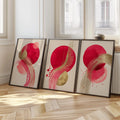 Red and gold abstract triptych wall art set of 3 – bold metallic energy on dark background