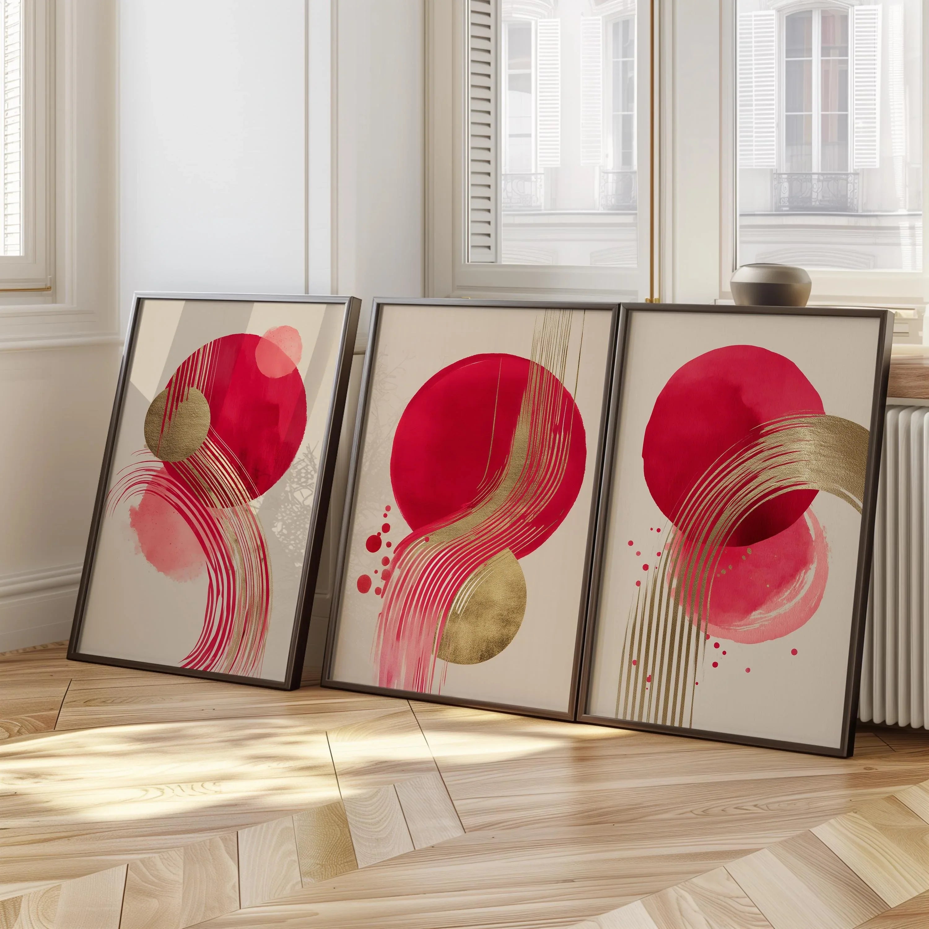 Red and gold abstract triptych wall art set of 3 – bold metallic energy on dark background