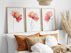 Red poppy watercolor wall art set of 3 – vivid crimson poppies with green stems on white background
