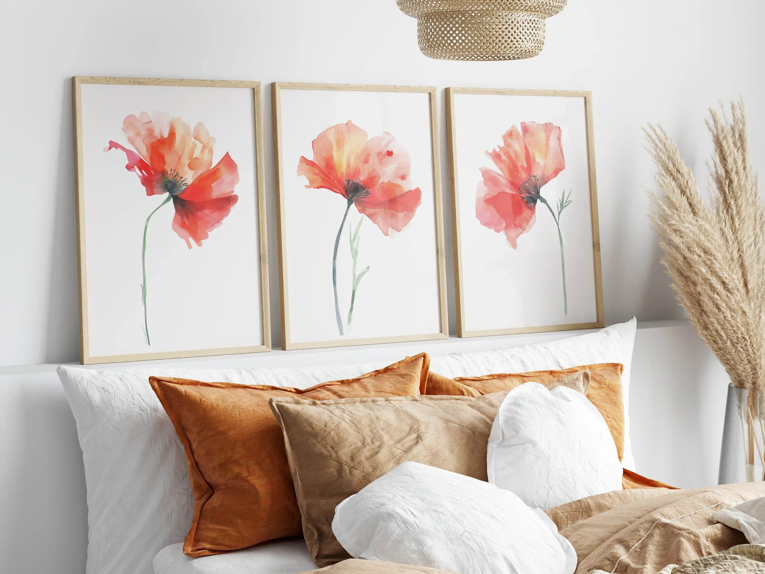 Red poppy watercolor wall art set of 3 – vivid crimson poppies with green stems on white background