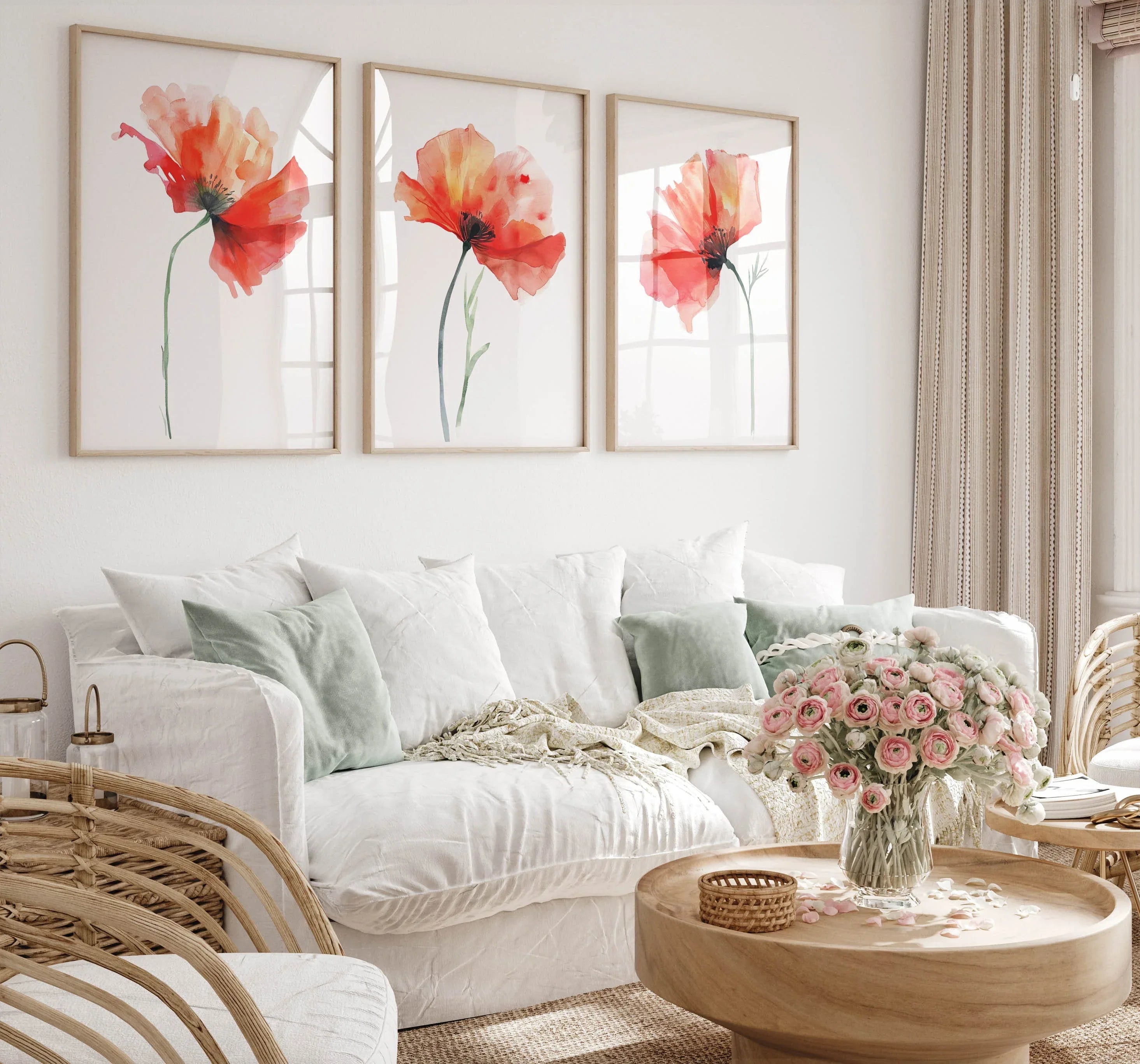 Red poppy watercolor wall art set of 3 – vivid crimson poppies with green stems on white background