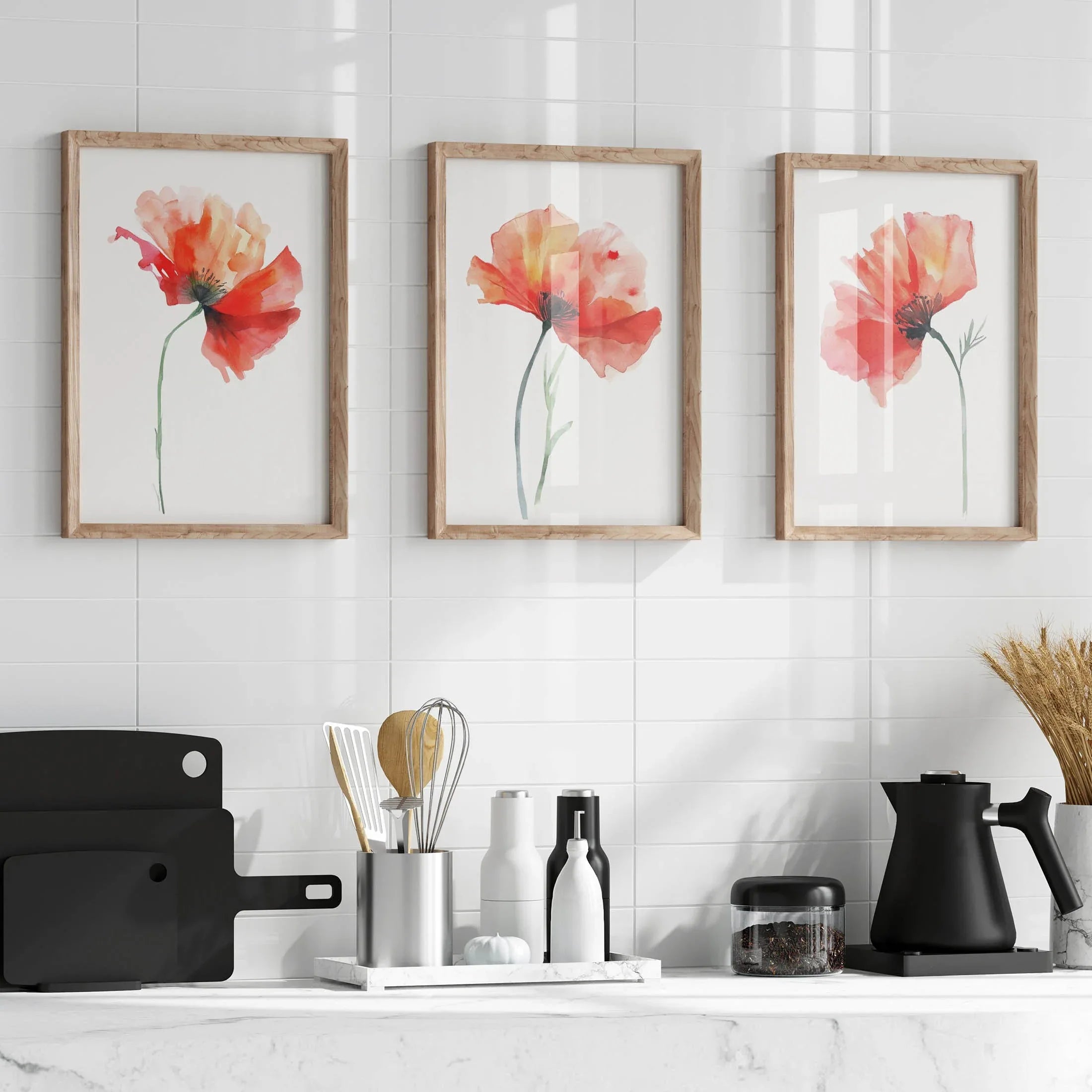 Red poppy watercolor wall art set of 3 – vivid crimson poppies with green stems on white background