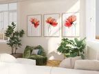 Red poppy watercolor wall art set of 3 – vivid crimson poppies with green stems on white background