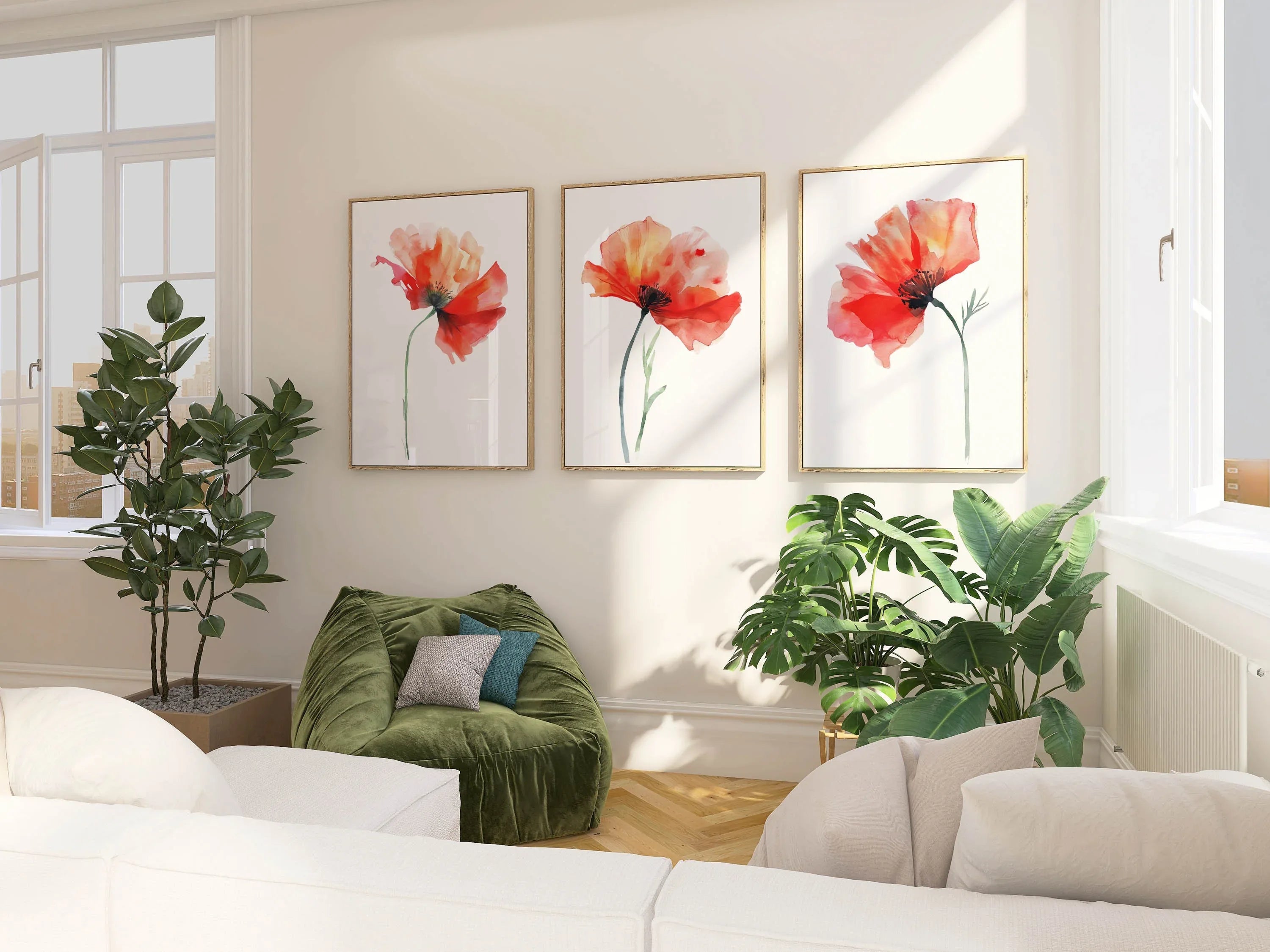 Red poppy watercolor wall art set of 3 – vivid crimson poppies with green stems on white background