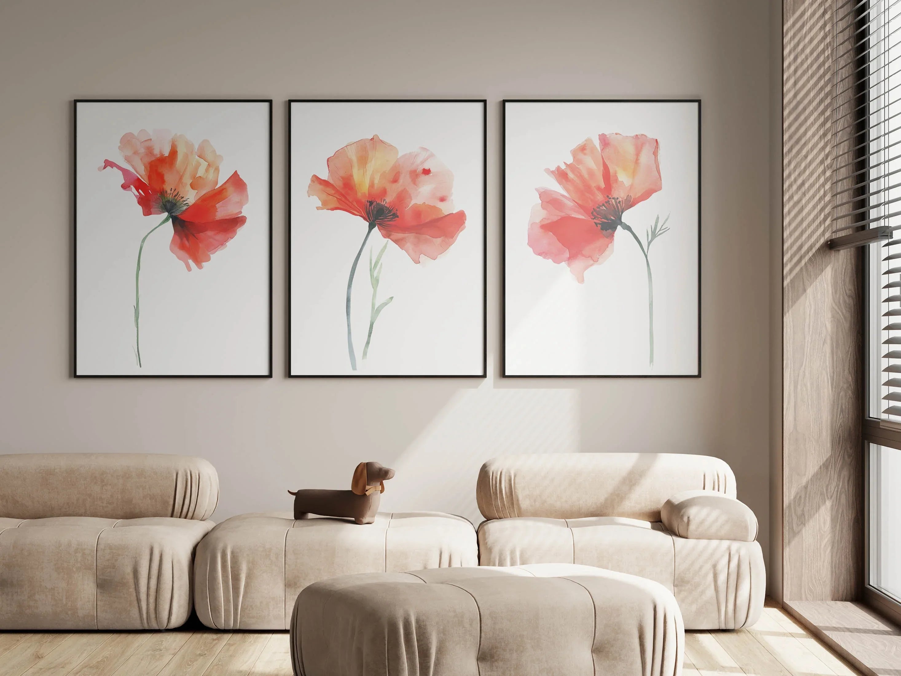 Red poppy watercolor wall art set of 3 – vivid crimson poppies with green stems on white background