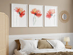 Red poppy watercolor wall art set of 3 – vivid crimson poppies with green stems on white background