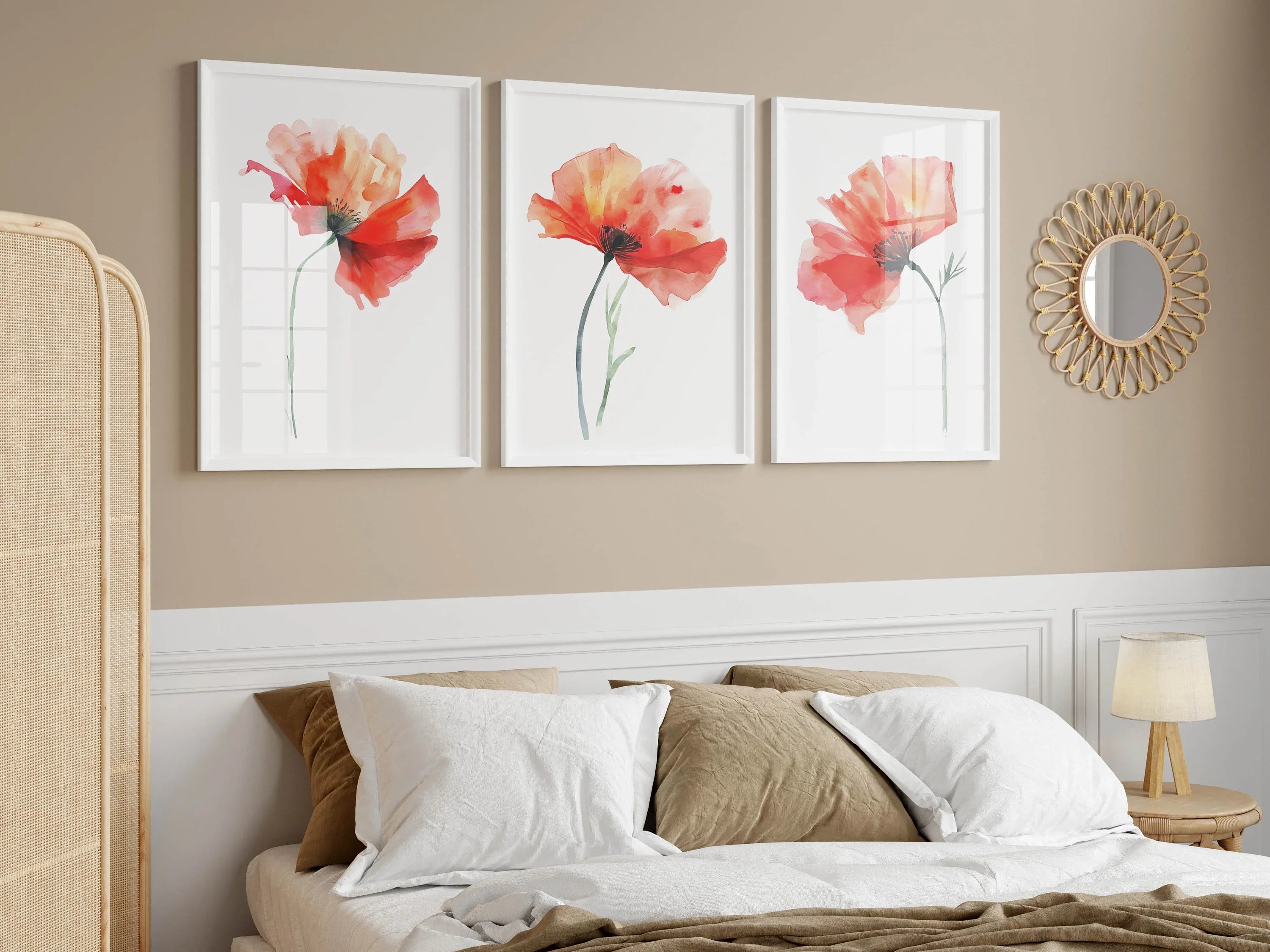 Red poppy watercolor wall art set of 3 – vivid crimson poppies with green stems on white background
