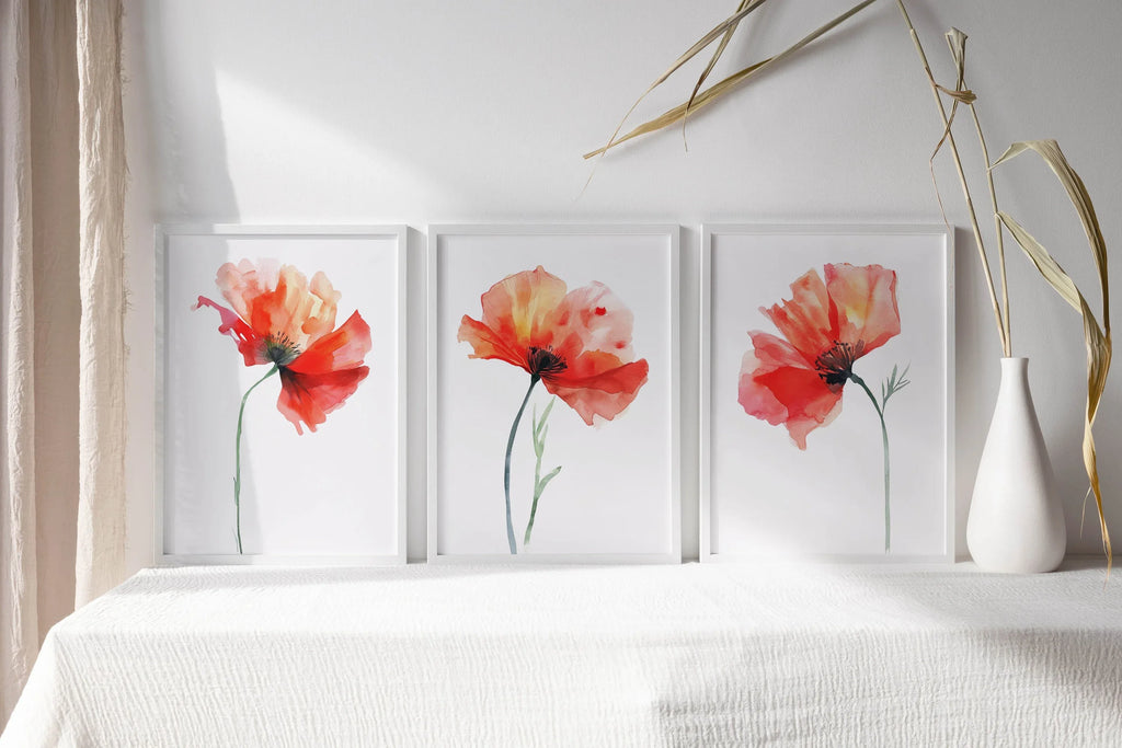 Red poppy watercolor wall art set of 3 – vivid crimson poppies with green stems on white background
