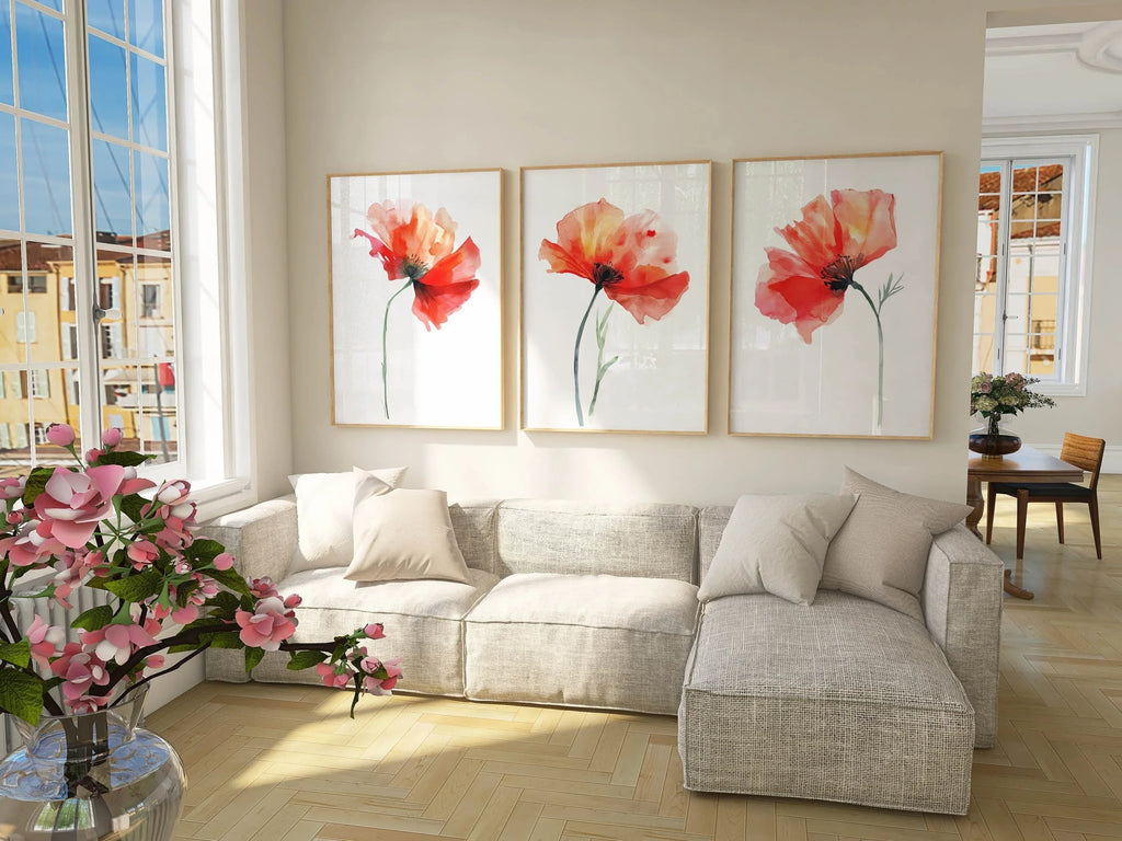 Red poppy watercolor wall art set of 3 – vivid crimson poppies with green stems on white background