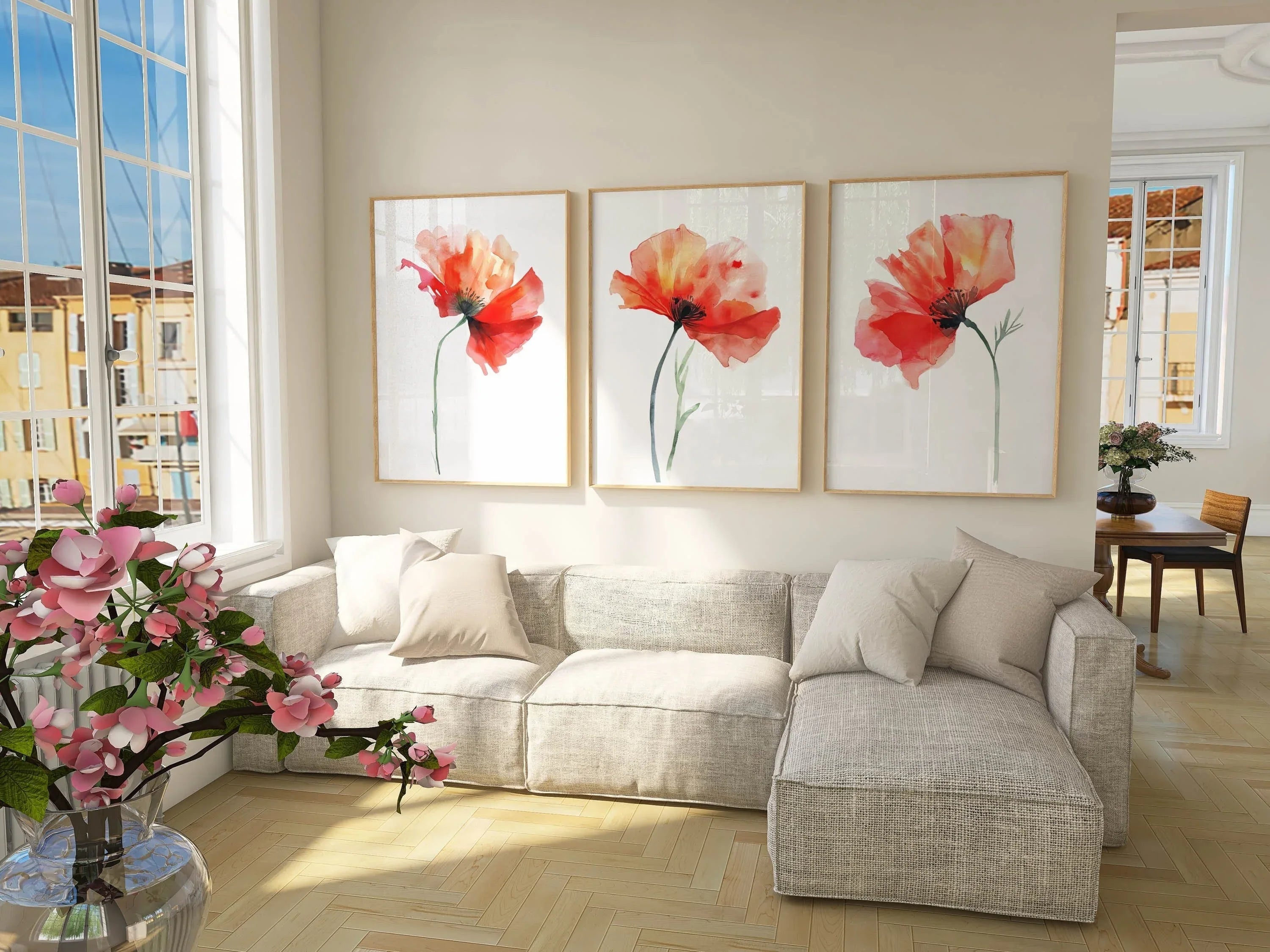 Red poppy watercolor wall art set of 3 – vivid crimson poppies with green stems on white background