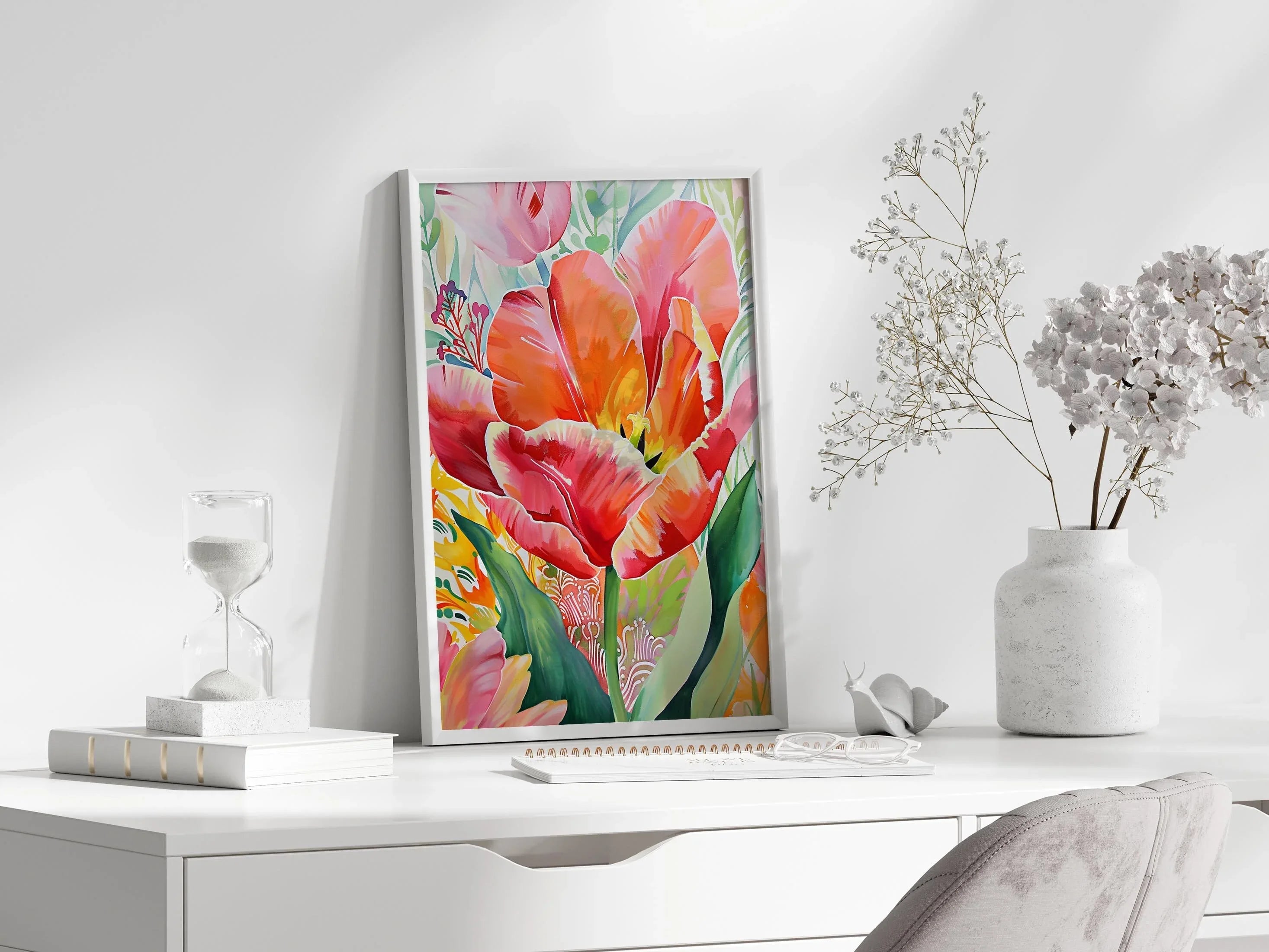Red tulip botanical watercolor wall art – vibrant crimson tulip with lush green leaves