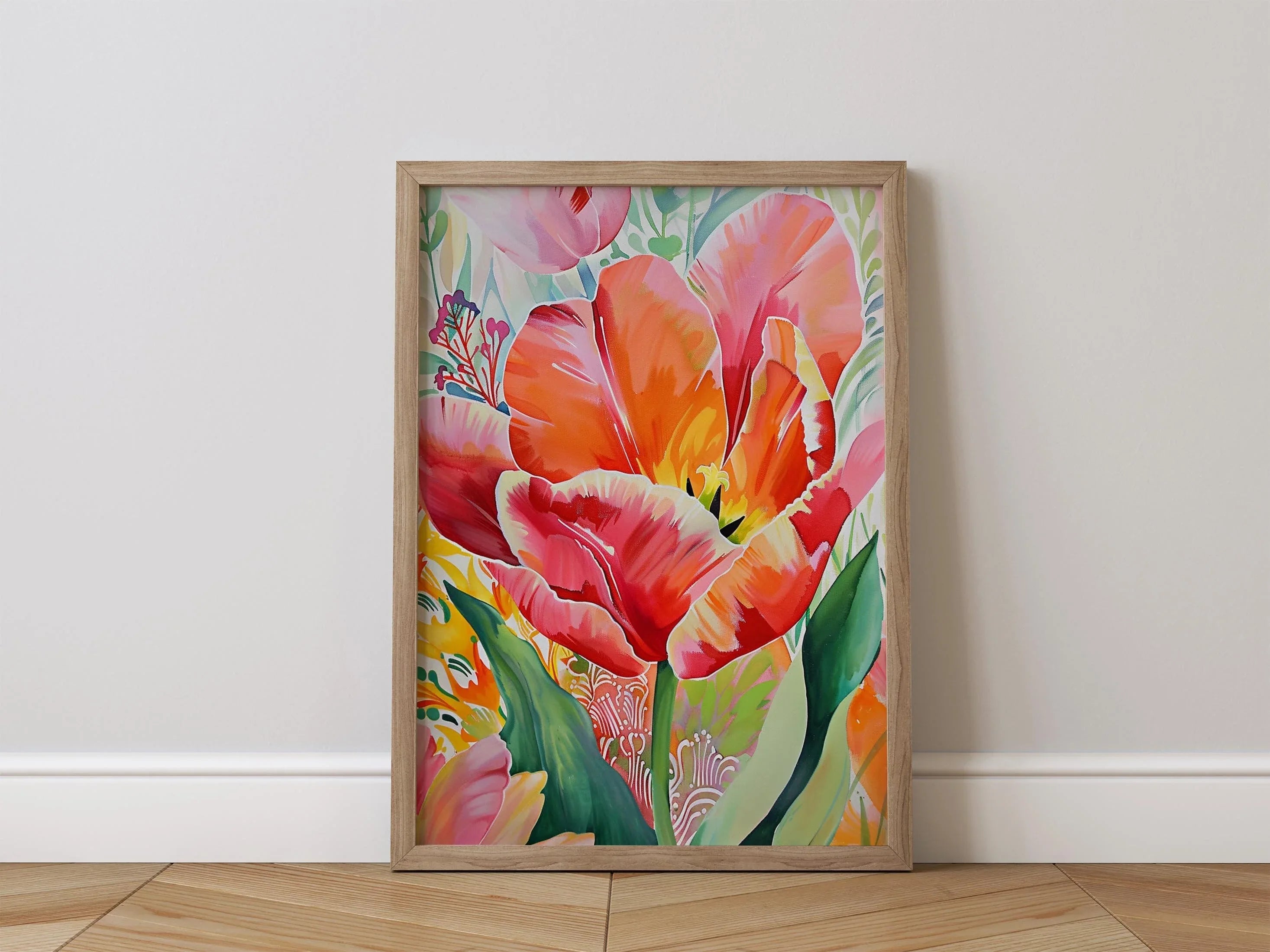 Red tulip botanical watercolor wall art – vibrant crimson tulip with lush green leaves