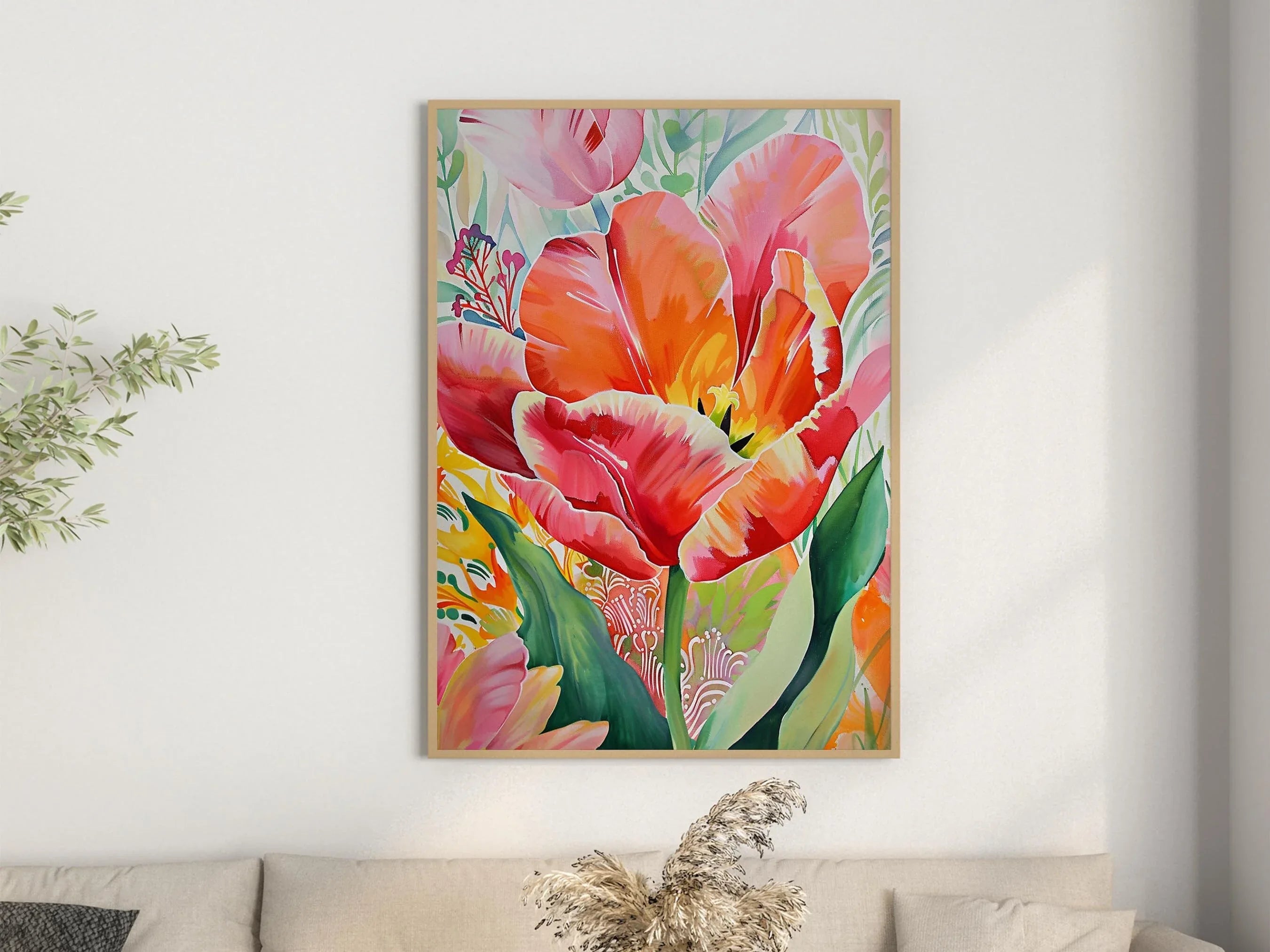 Red tulip botanical watercolor wall art – vibrant crimson tulip with lush green leaves