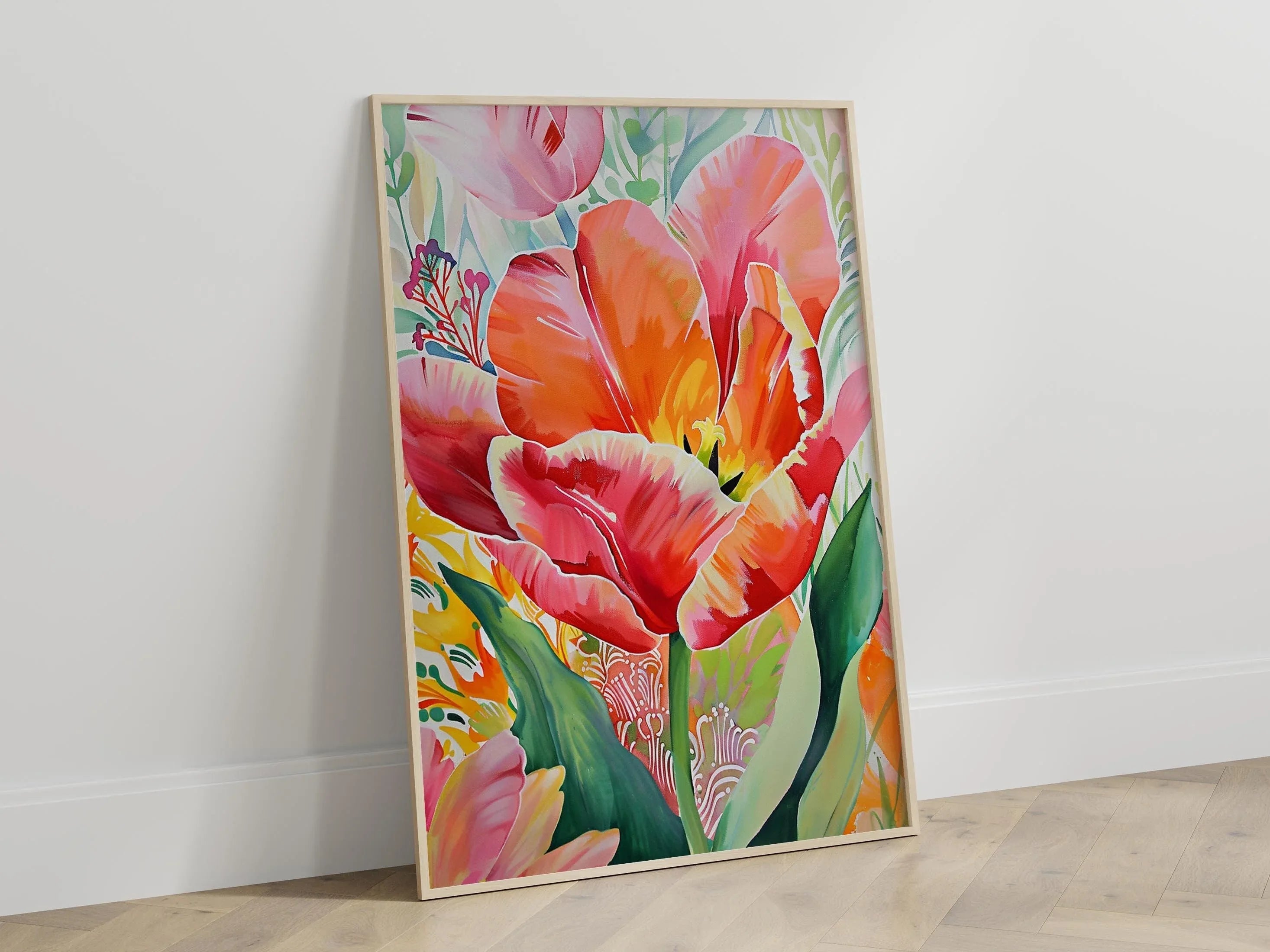 Red tulip botanical watercolor wall art – vibrant crimson tulip with lush green leaves