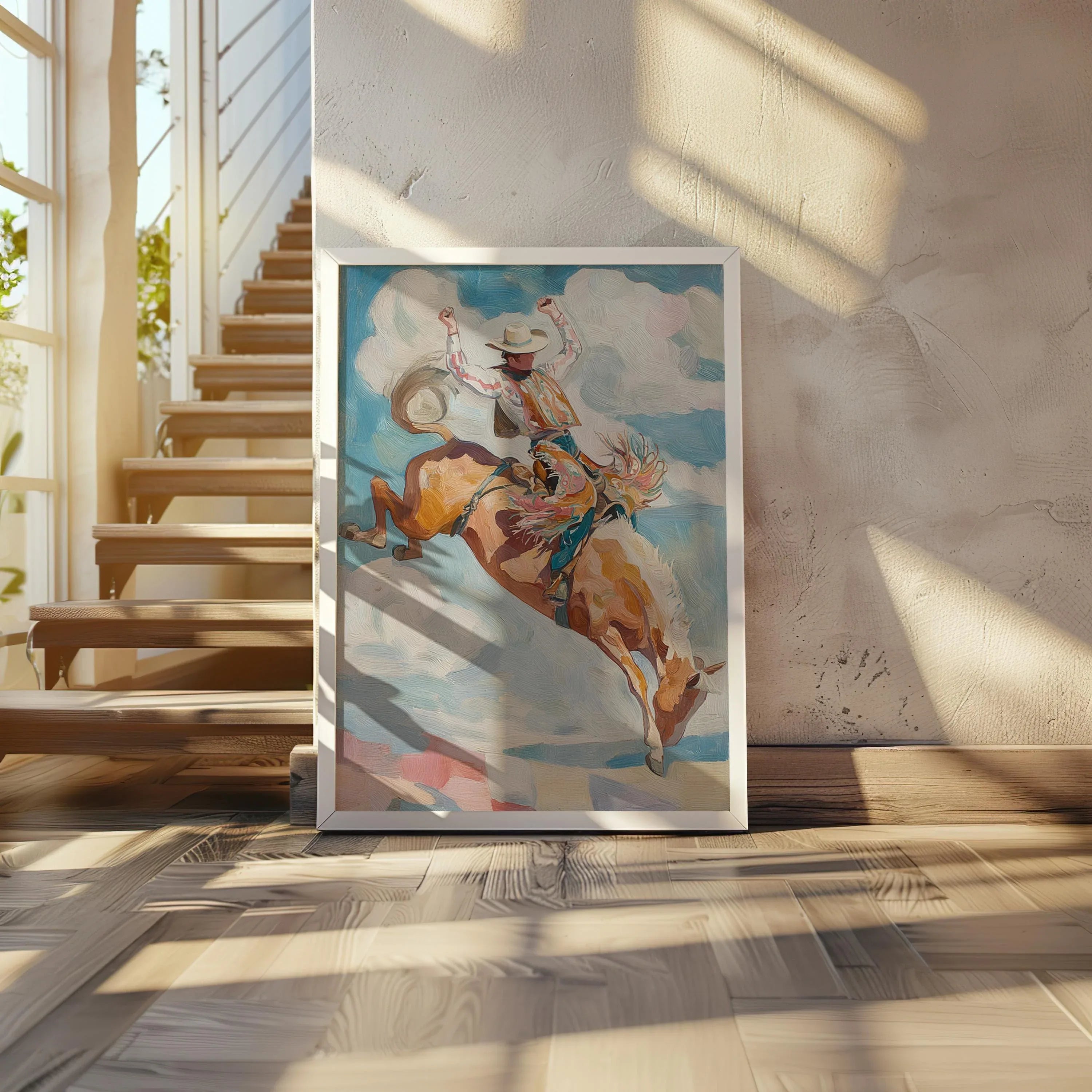 Rodeo cowboy wall art – bronco rider in action with warm earth tones and expressive brushwork