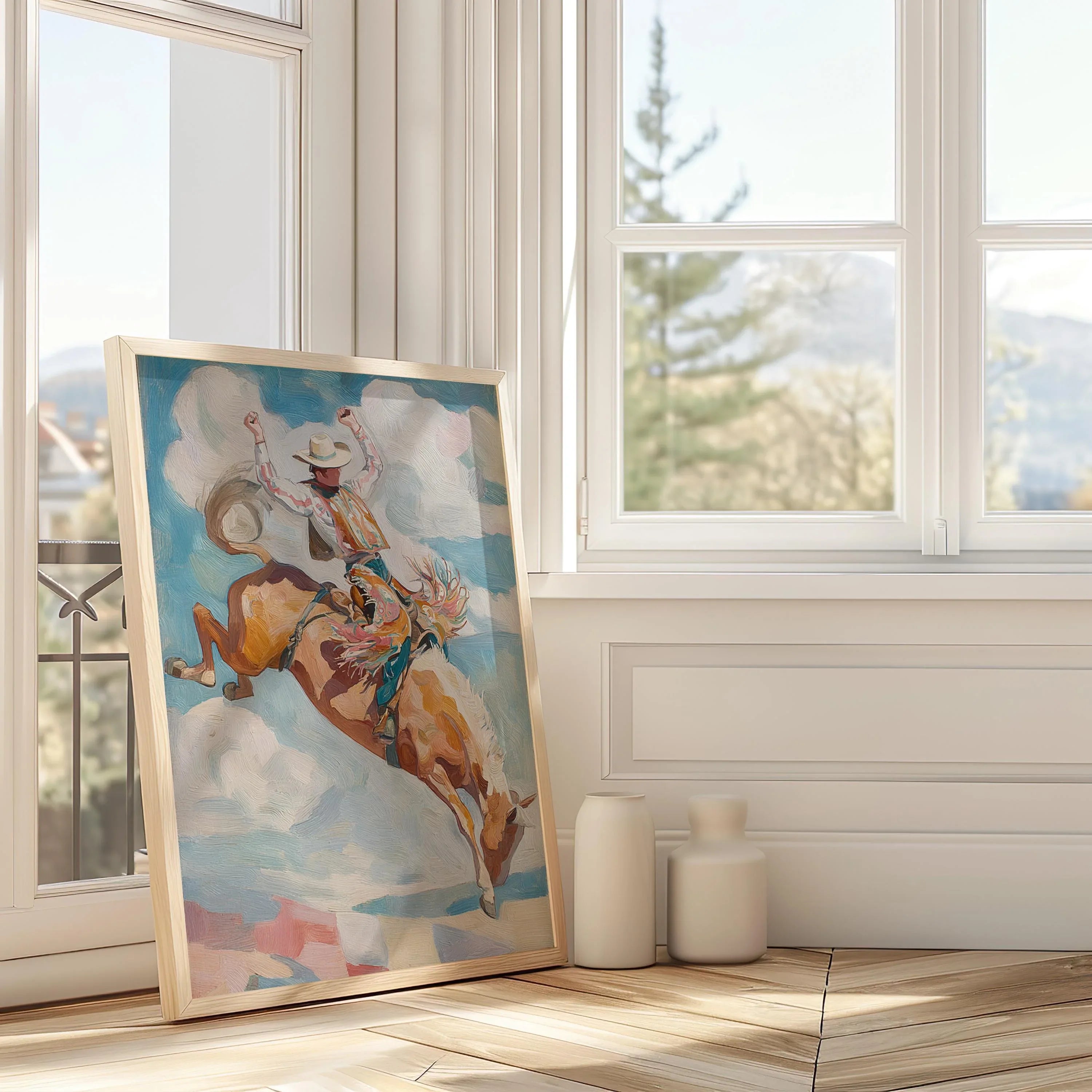 Rodeo cowboy wall art – bronco rider in action with warm earth tones and expressive brushwork