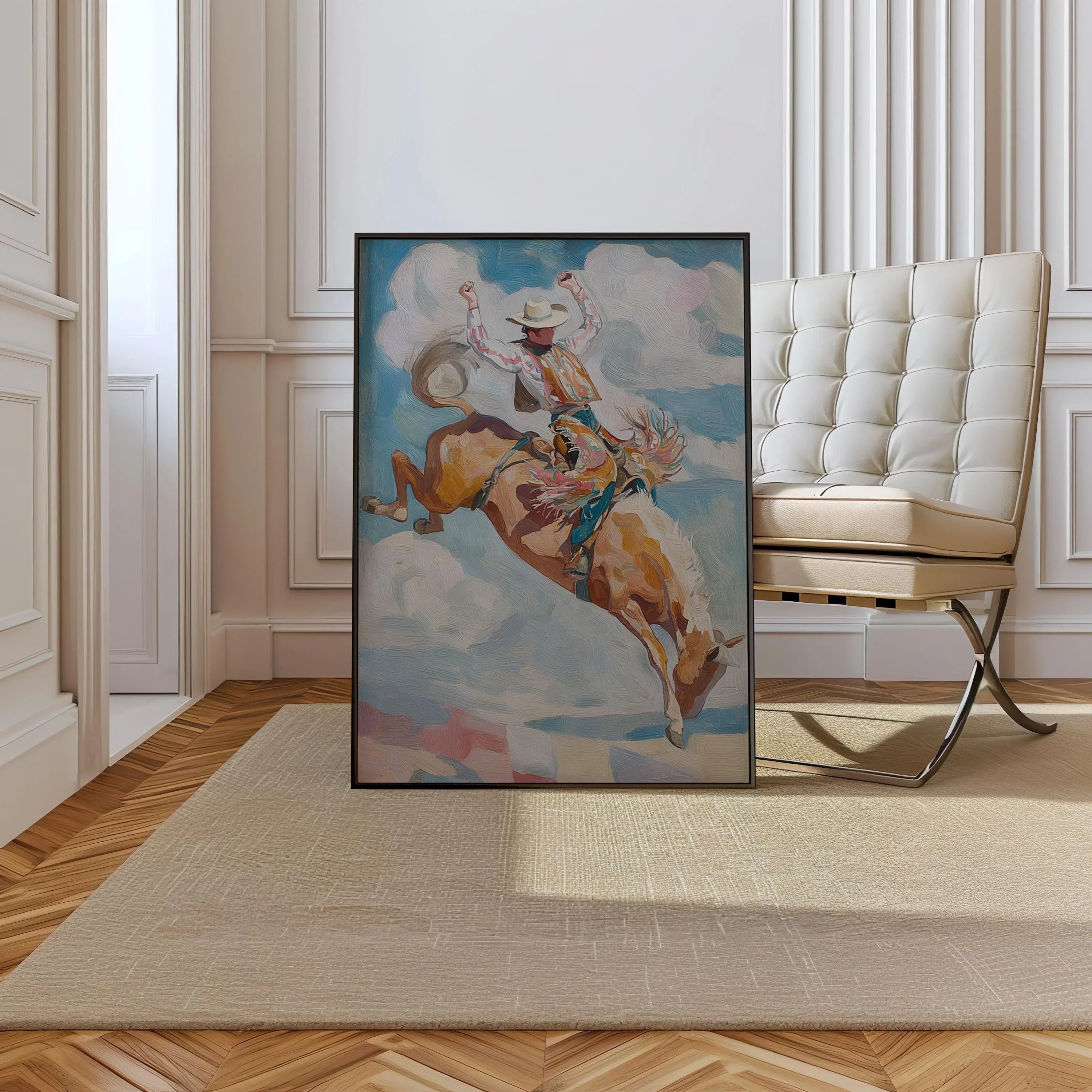 Rodeo cowboy wall art – bronco rider in action with warm earth tones and expressive brushwork