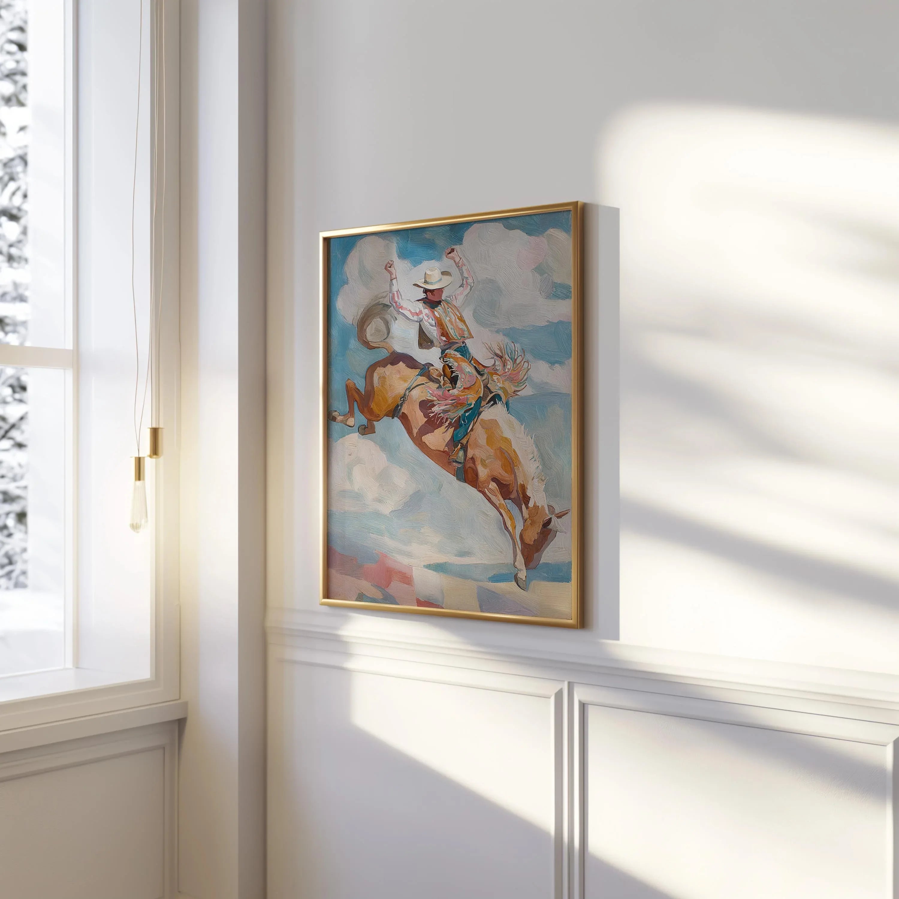 Rodeo cowboy wall art – bronco rider in action with warm earth tones and expressive brushwork