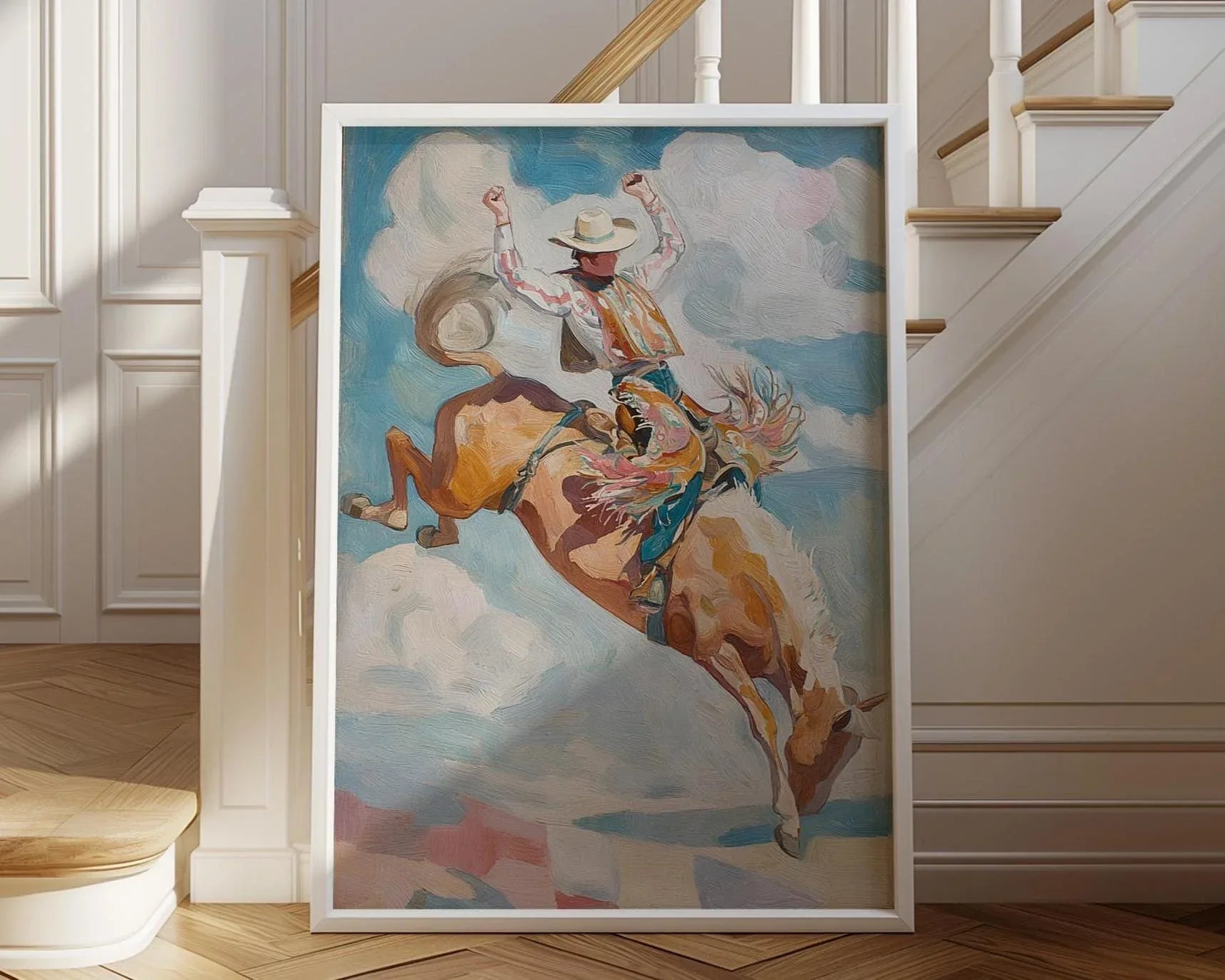 Rodeo cowboy wall art – bronco rider in action with warm earth tones and expressive brushwork