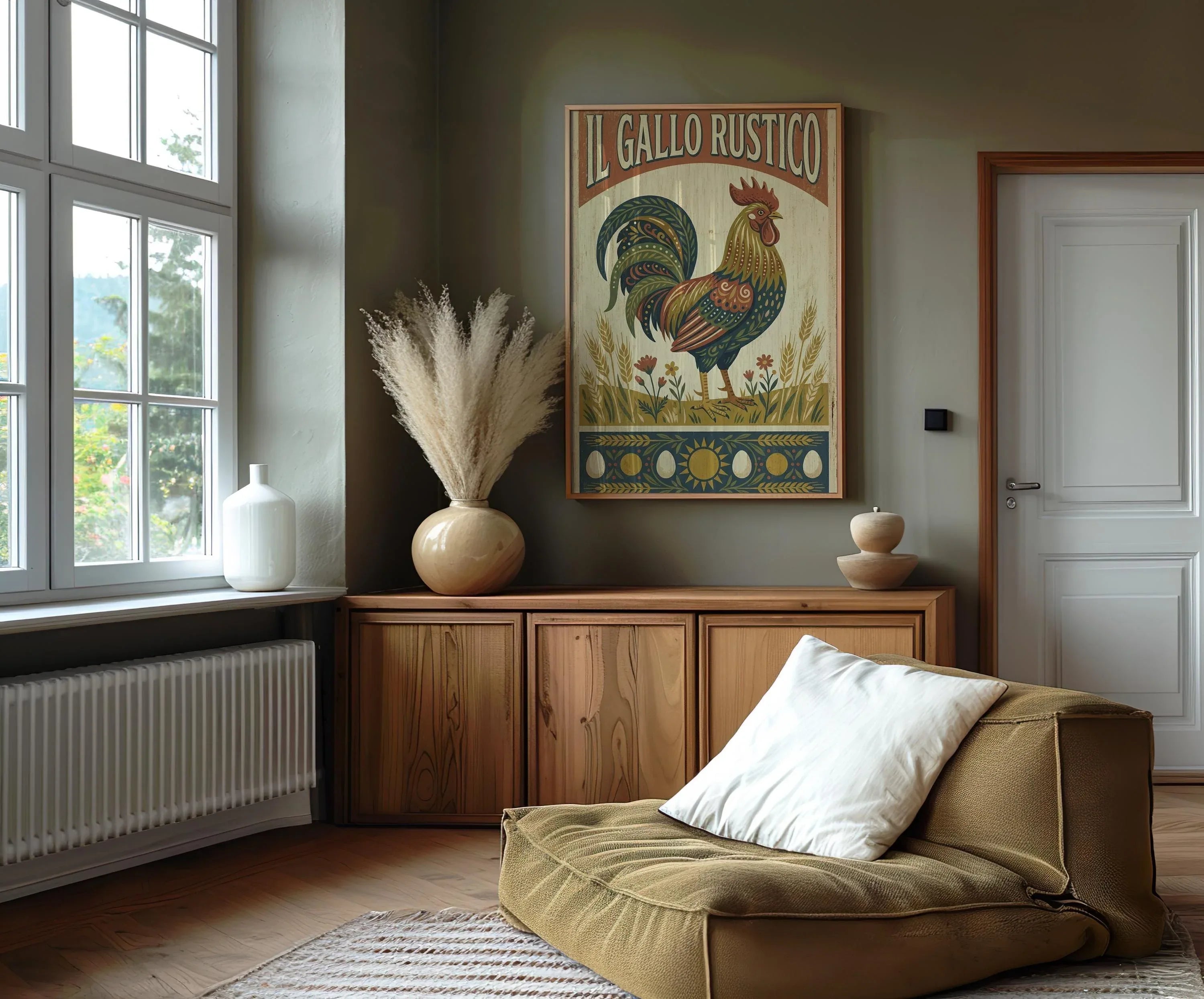 Rustic rooster folk art wall decor – colorful patterned rooster with wheat and flowers