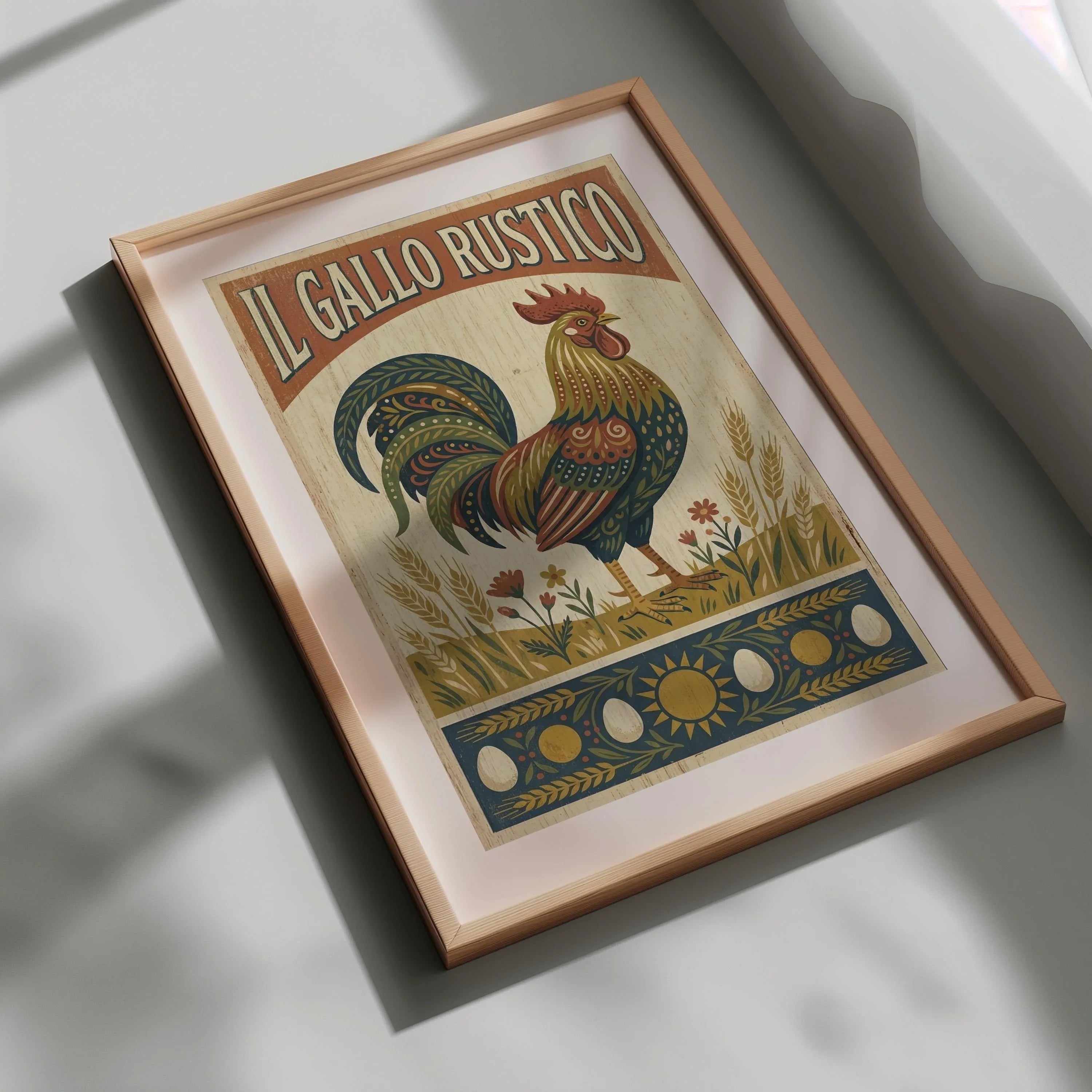 Rustic rooster folk art wall decor – colorful patterned rooster with wheat and flowers