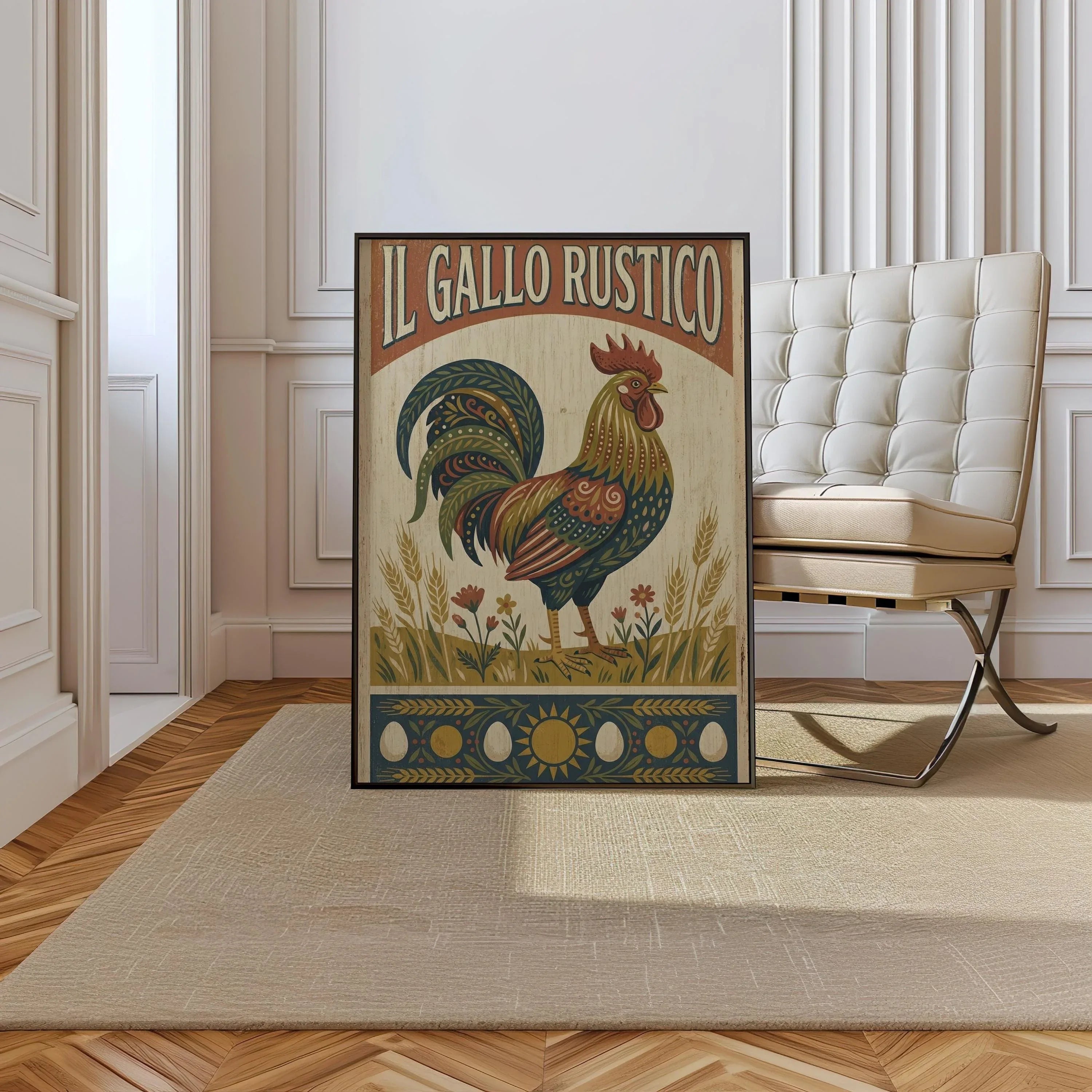 Rustic rooster folk art wall decor – colorful patterned rooster with wheat and flowers