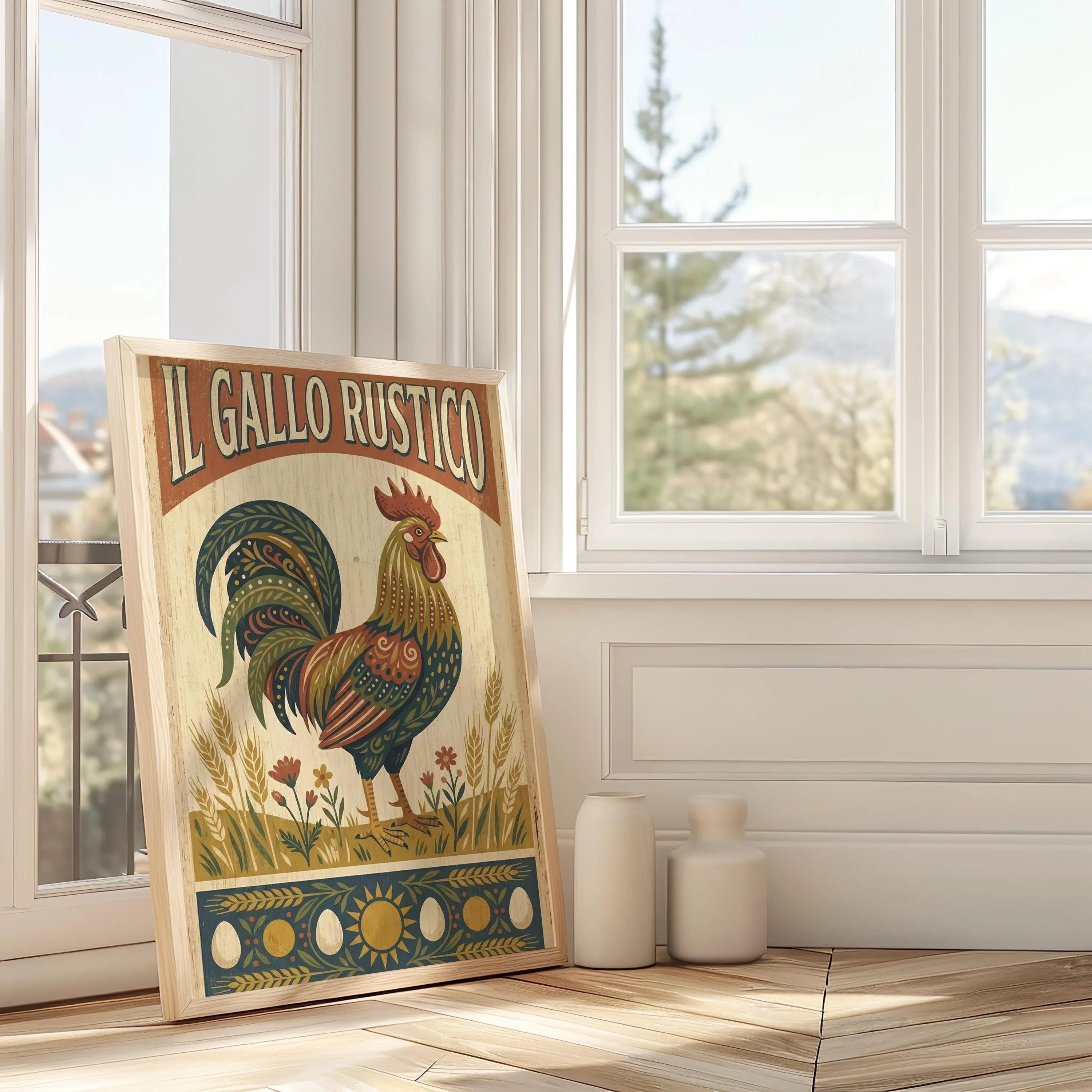Rustic rooster folk art wall decor – colorful patterned rooster with wheat and flowers