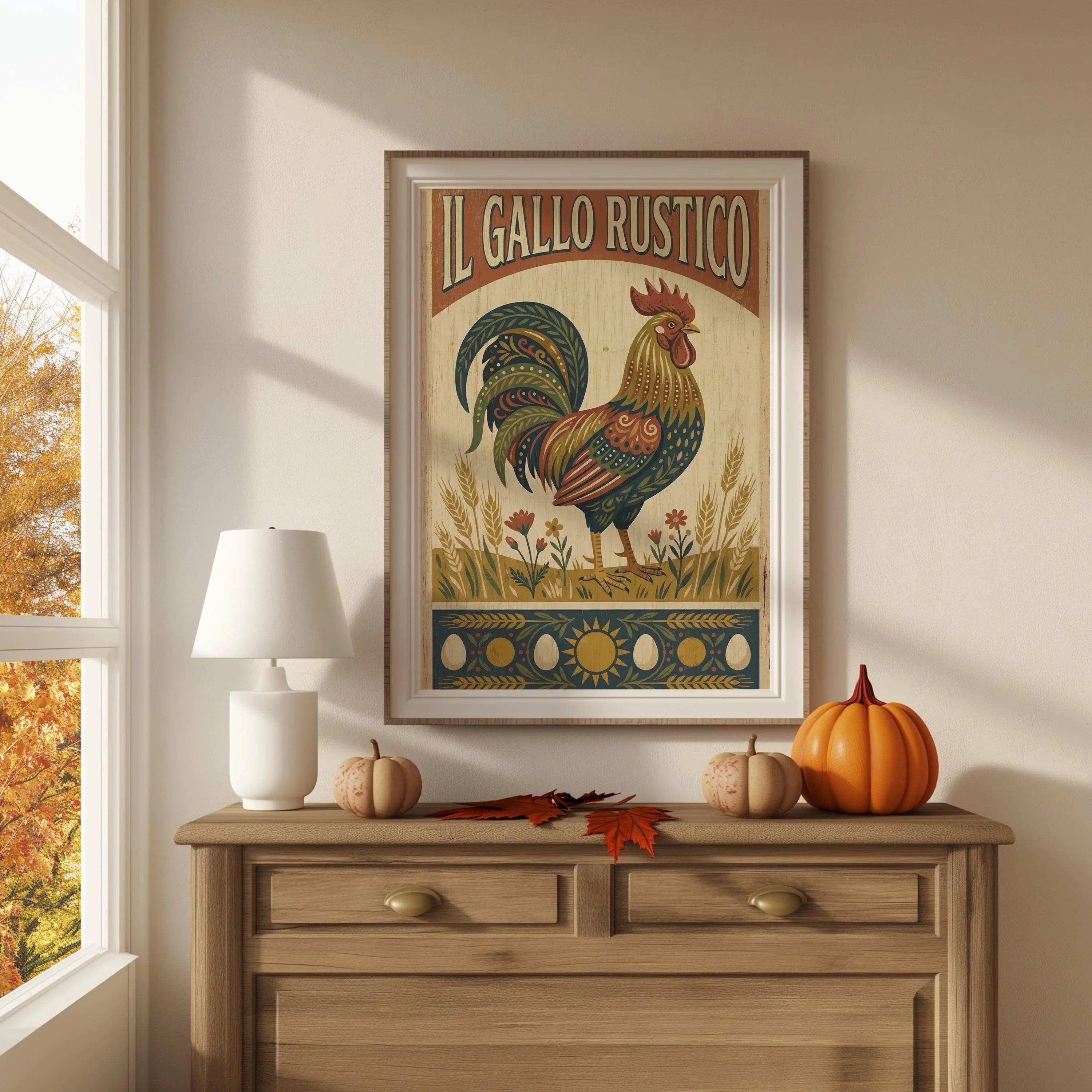 Rustic rooster folk art wall decor – colorful patterned rooster with wheat and flowers