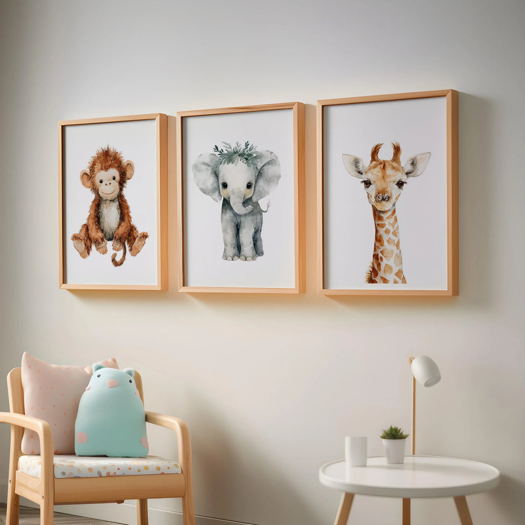 Safari nursery wall art set of 3 – watercolor baby elephant, lion, and giraffe in boho tones